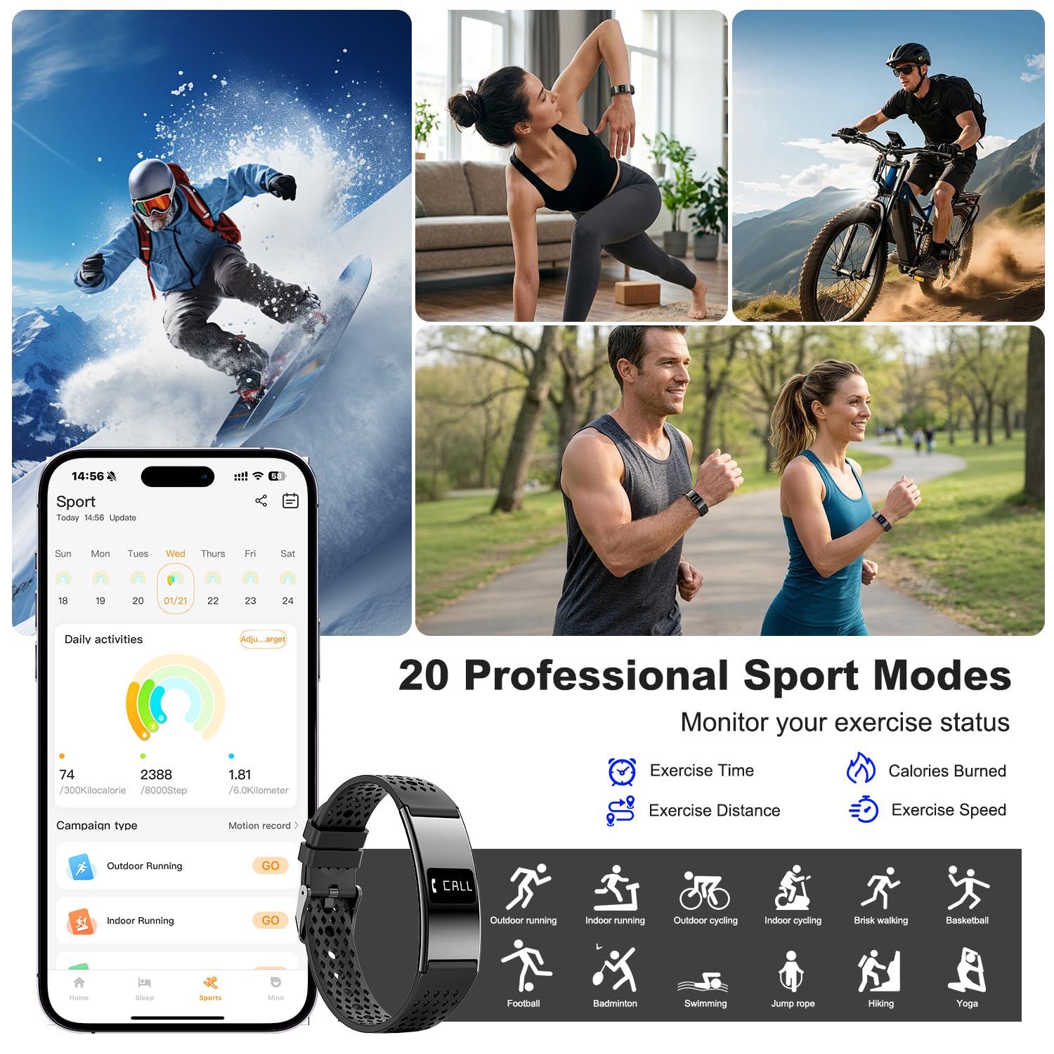 Fitness Tracker Smart Band Donna Uomo, Braccialetto Fitness Smartband con Contapassi, Cardiofrequenzimetro, SpO2, Monitoraggio del Sonno, Modalità Sport Multiple, IPX8, Bluetooth Android iOS