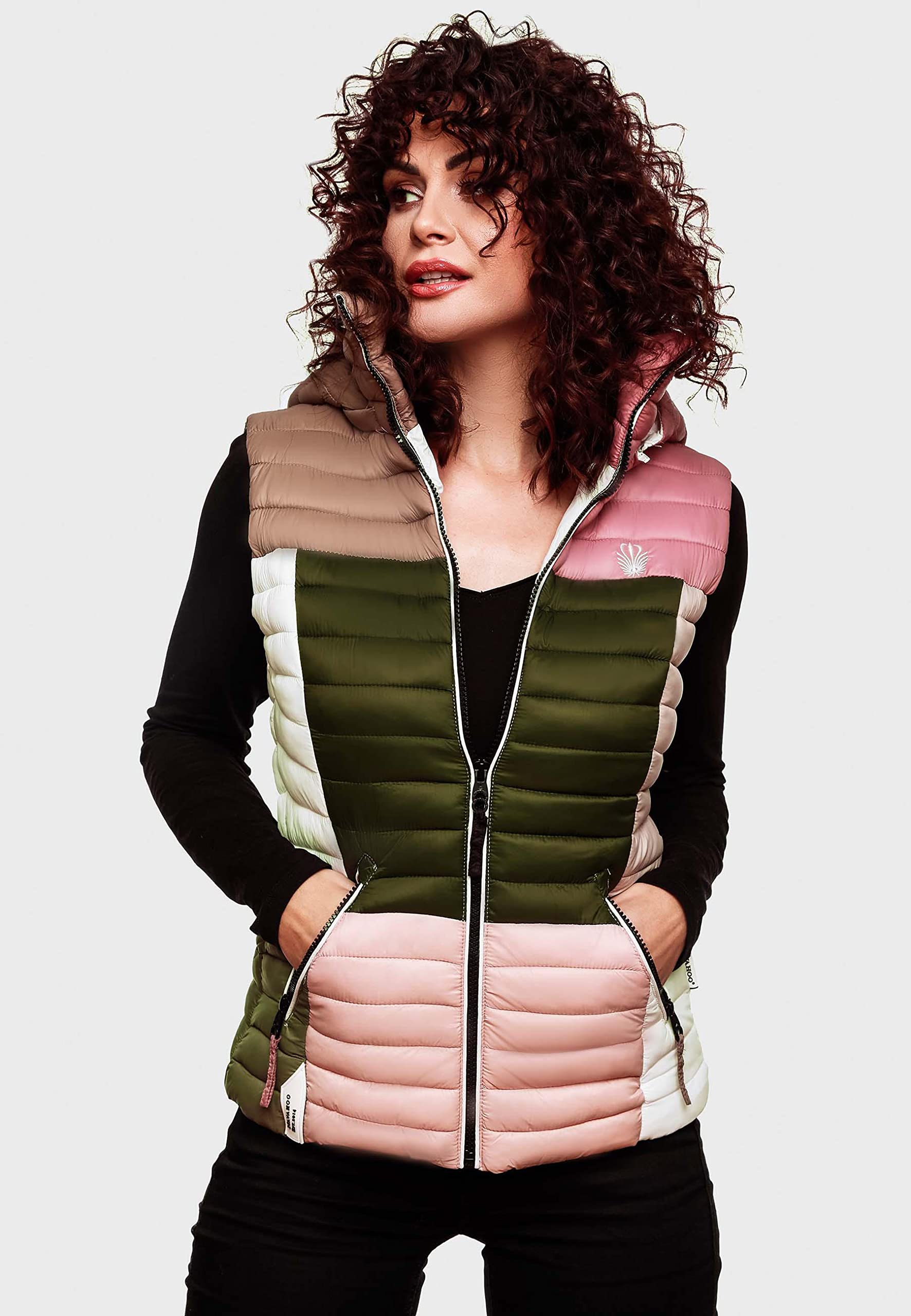 Navahoo Damen Steppweste leicht mit Abnehmbarer Kapuze Colourblocking-Stil Shadaa Multikulti XS-3XL
