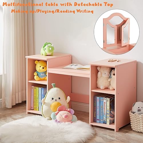 Miniatura 5 de Vanity - Gabinete de almacenamiento de maquillaje de princesa 2 en 1 con parte superior desmontable, juego de tocador para niñas con espejo de tres