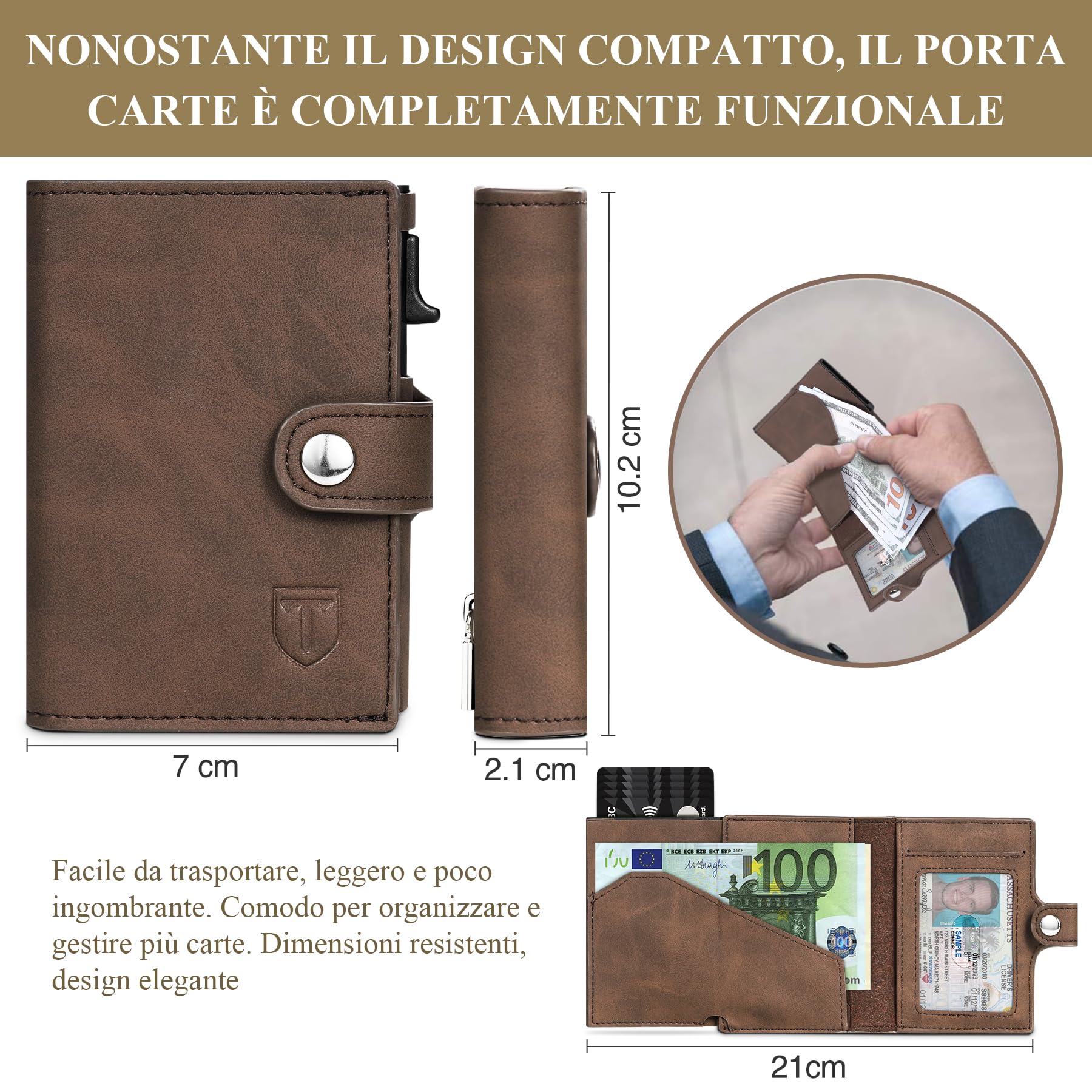 Tomylv Portafoglio Uomo, RFID Slim, Porta Carte di Credito, Tasca con Cerniera e Chiusura con Bottone, Donna, Scomparto per Banconota - Marrone