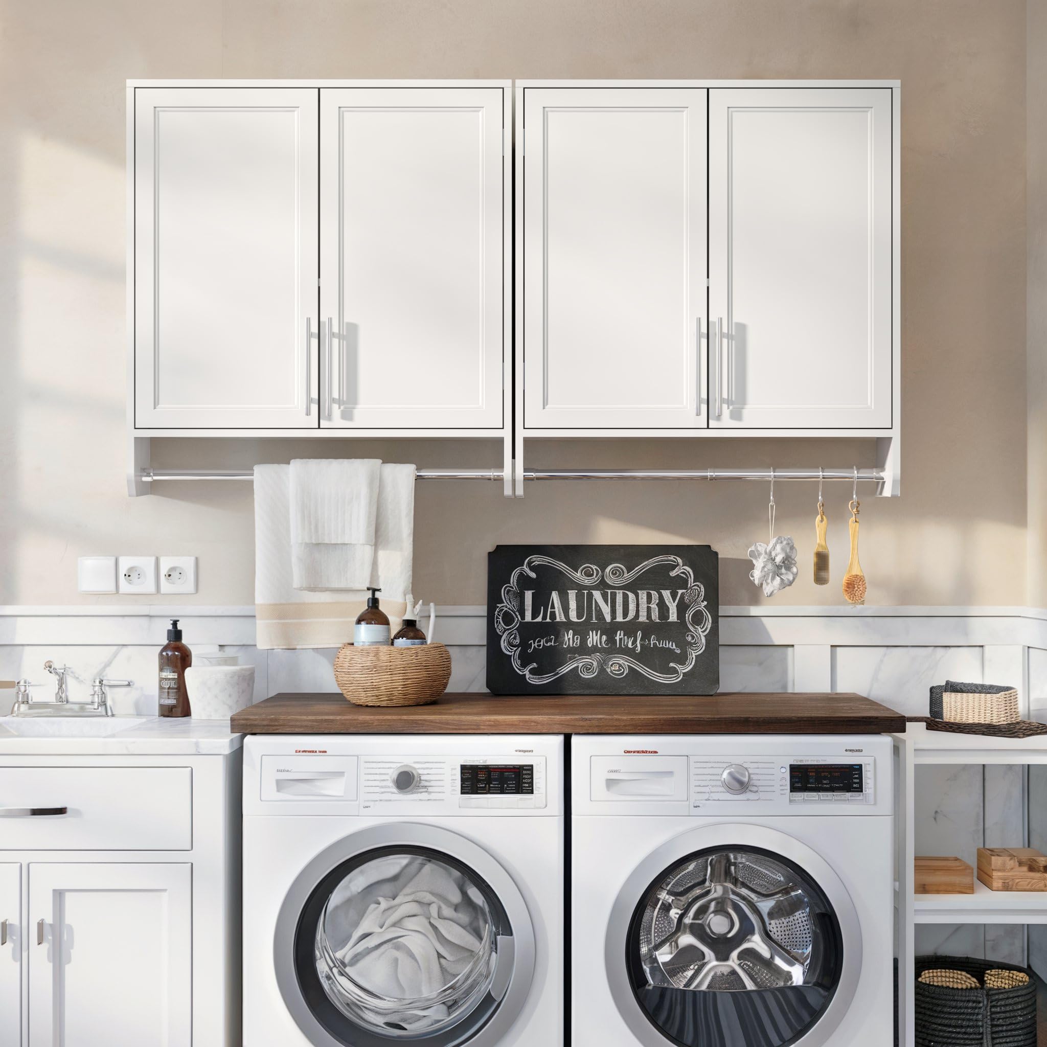 FIMELLO 59’’ Wall Cabinet with Hanging Rod, Laundry Room Cabinets Wall Mounted, Bathroom Wall Cabinet, Adjustable Shelf, Shaker Door, White