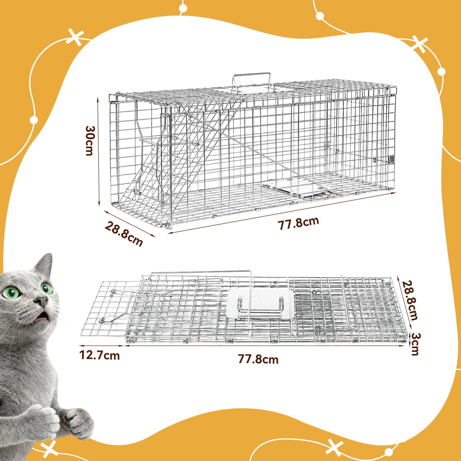 Jaula Plegable para la Captura de Animales Vivos 78×29×30 cm | Jaula de captura humanitaria, adecuada para capturar gatos callejeros, mapaches, ardillas y conejos