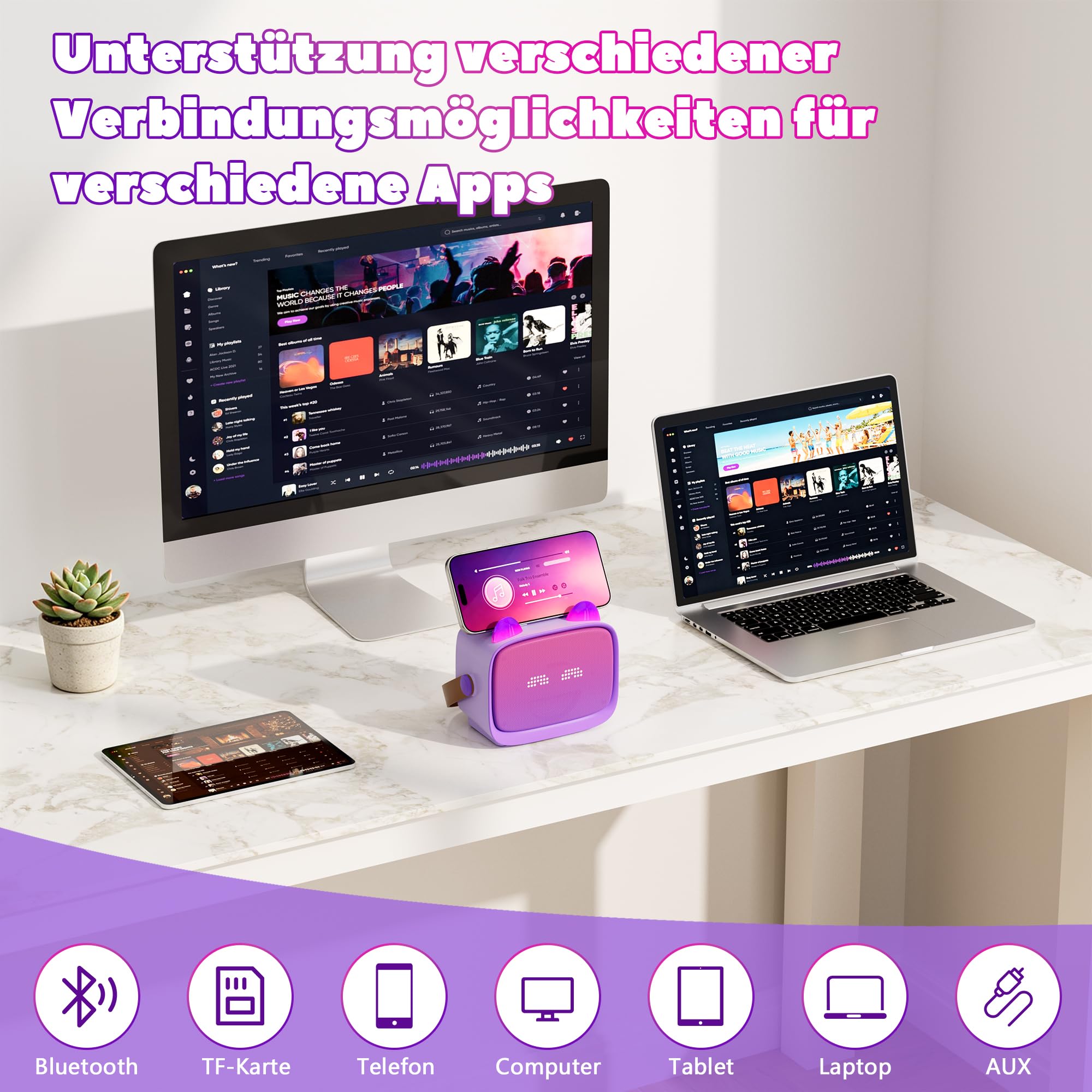 Karaoke Maschine für Kinder mit 2 Kabellosen Mikrofonen, Bluetooth Lautsprecher mit LED Licht, Emoji Display, Stimmeffekten, Handyhalter, Geschenk für Mädchen Jungen, Lila