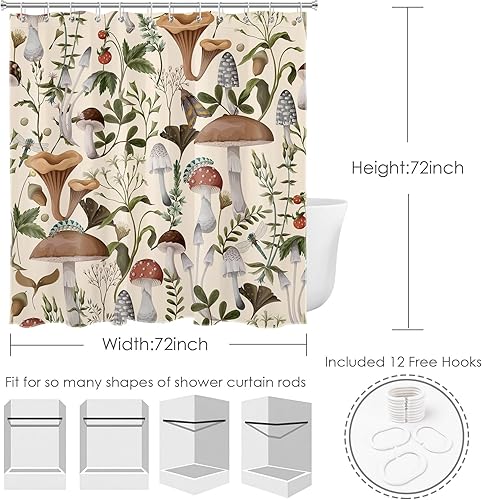 Miniatura 6 de HVEST Cortina de ducha de hongos de los años 70, varios hongos y hojas sobre fondo beige, cortina de baño con ganchos, accesorios de decoración de
