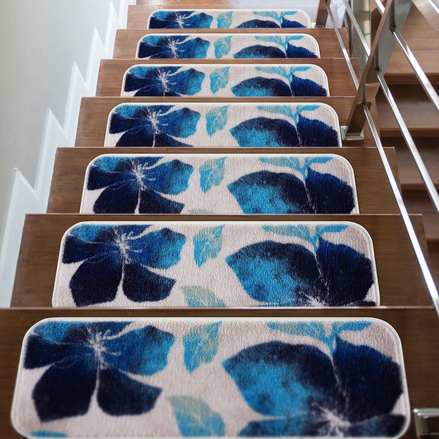 CAMILSON Stair Treads Runner Mats - Non Slip Rug Pads for Indoor Outdoor Carpet - Pet Dog Stair Step Covers (Set of 13, Floral Blue