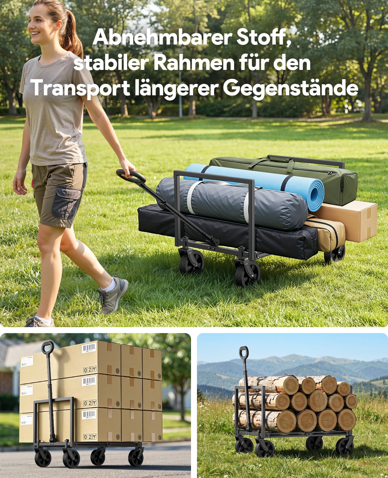 Bollerwagen Faltbar, 330LBS Klappbar Handwagen, Robust Einkaufstrolley Gartenwagen Klappbar mit Rädern, Tragbarer Transportwagen Faltwagen für Camping Sport Garten Einkaufen, Hellschwarz