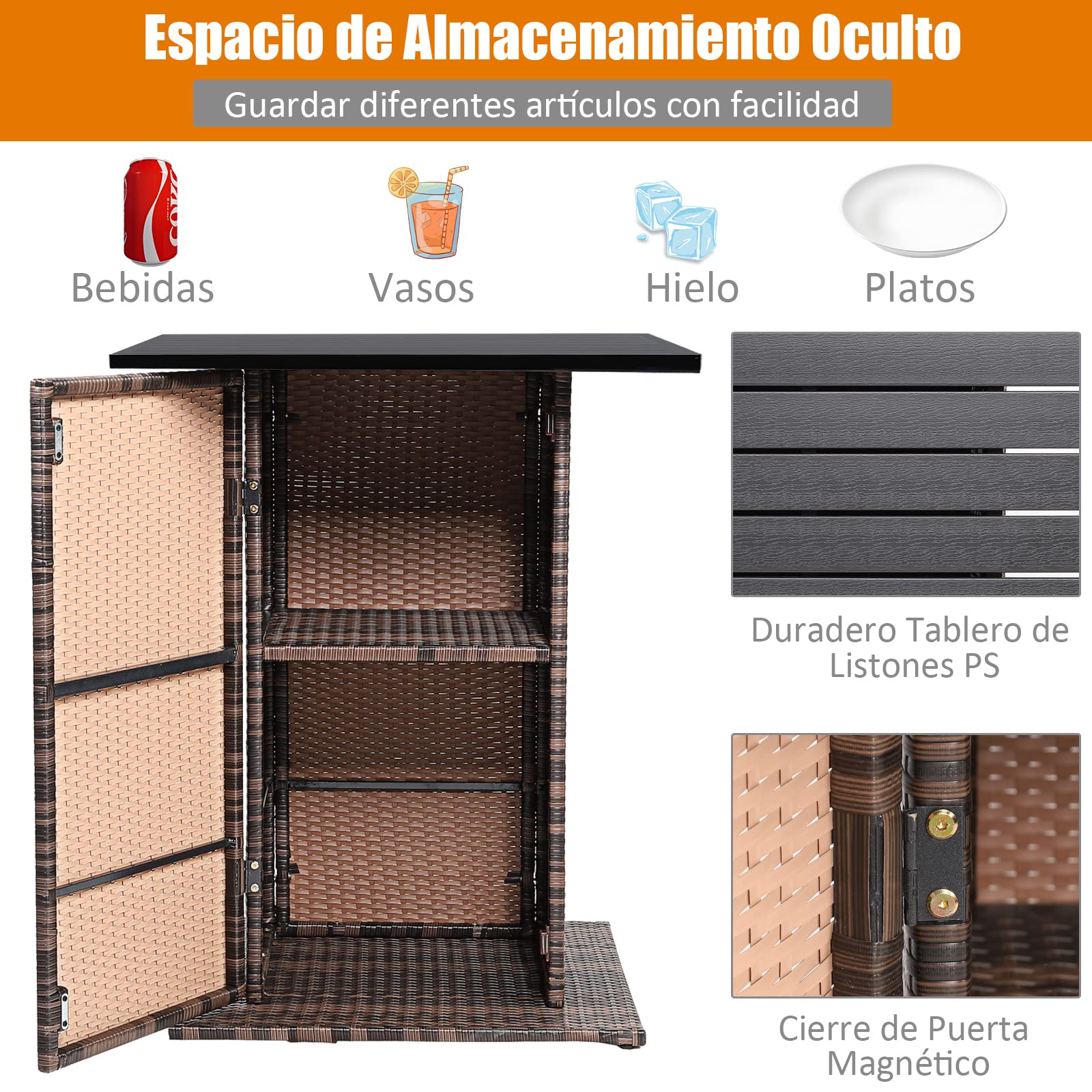COSTWAY Juego de Bar de Mimbre para Exteriores de 5 Piezas, Mesas Altas y 4 Taburetes con Cojines, Mesa con Tapa Lisa y Estante de Almacenamiento Oculto