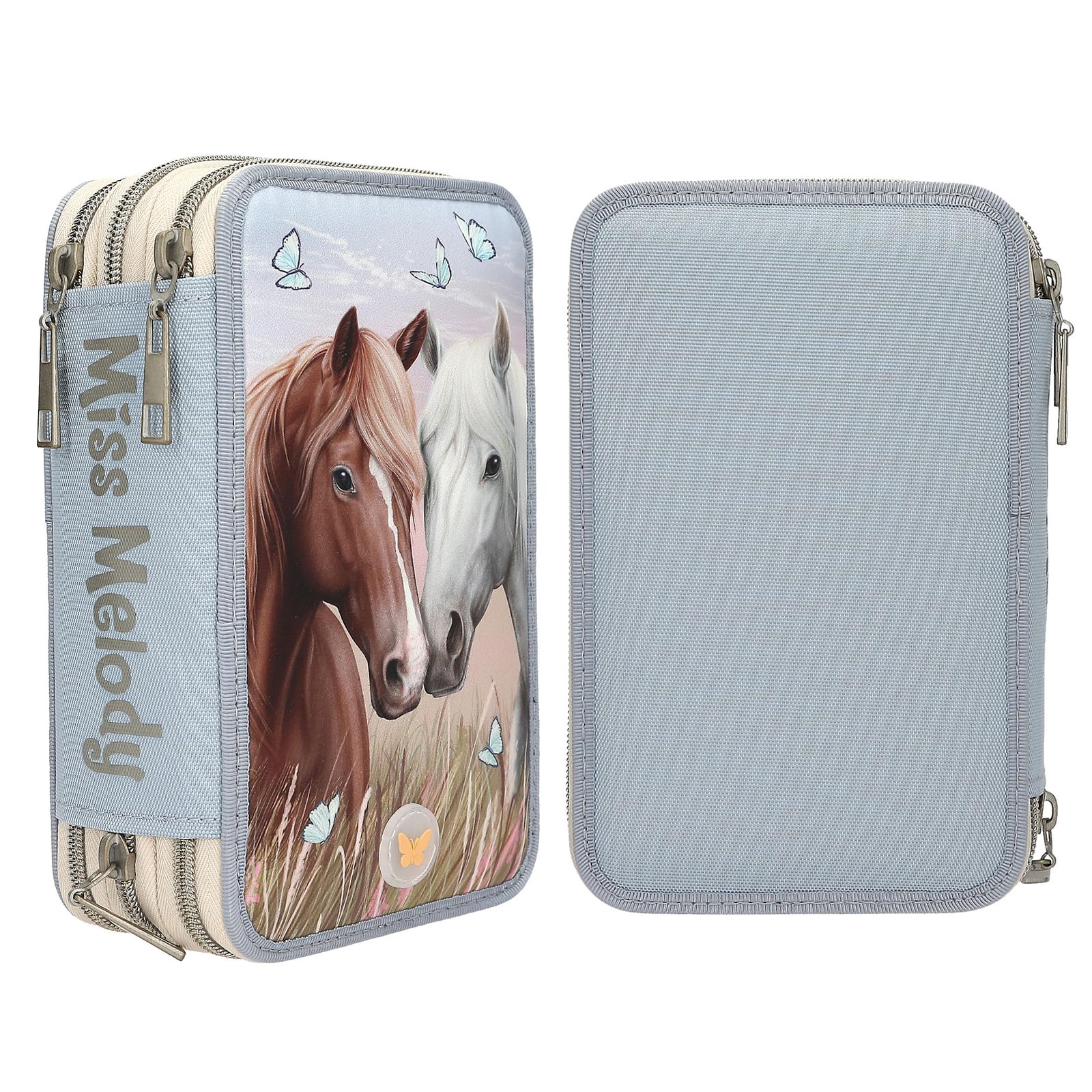 Depesche Miss Melody 3-Fach Federtasche Hellblau Beige Pferde Motiv LED-Licht Schmetterlinge Federmappe