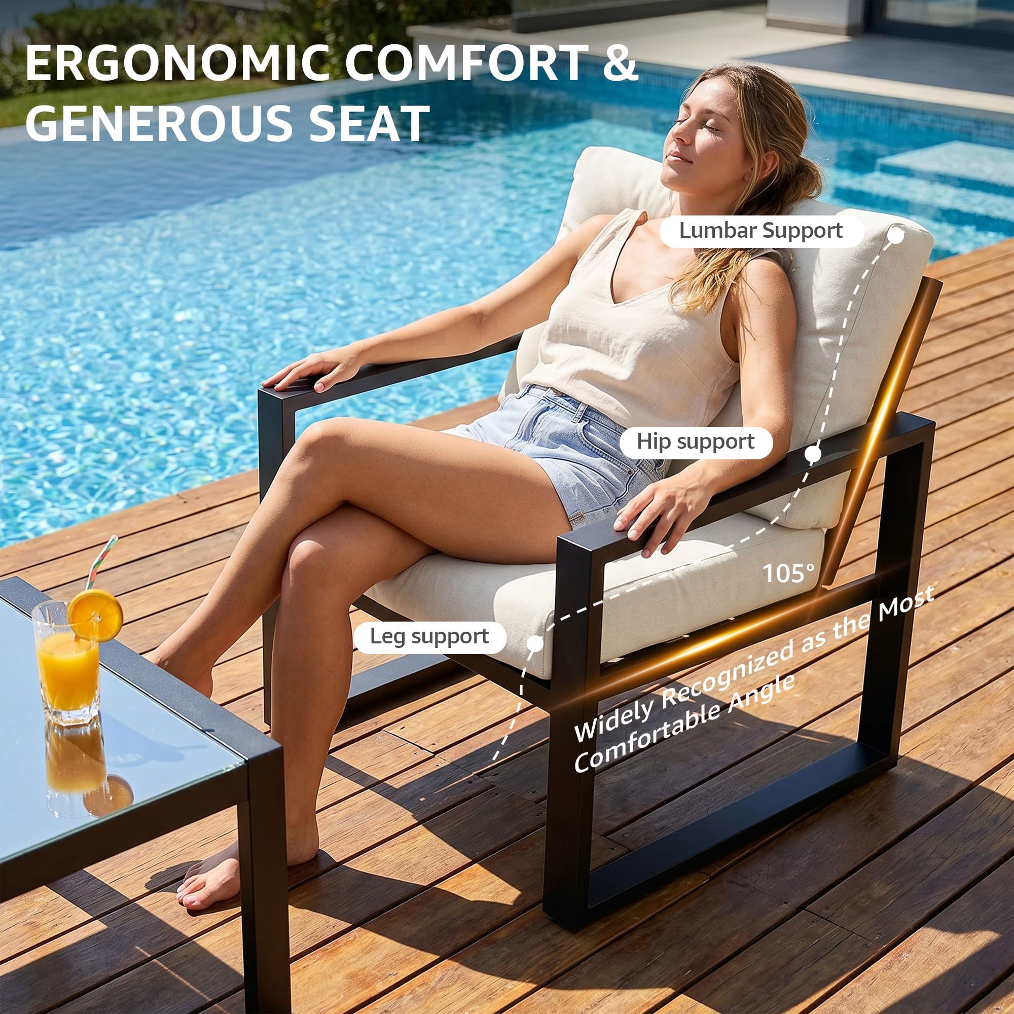 NATURAL EXPRESSIONS Salon de Jardin extérieur modulable 4 pièces en métal, accoudoirs Imitation Bois, Tissu Textilène avec Coussins Olefin 10 cm, Beige