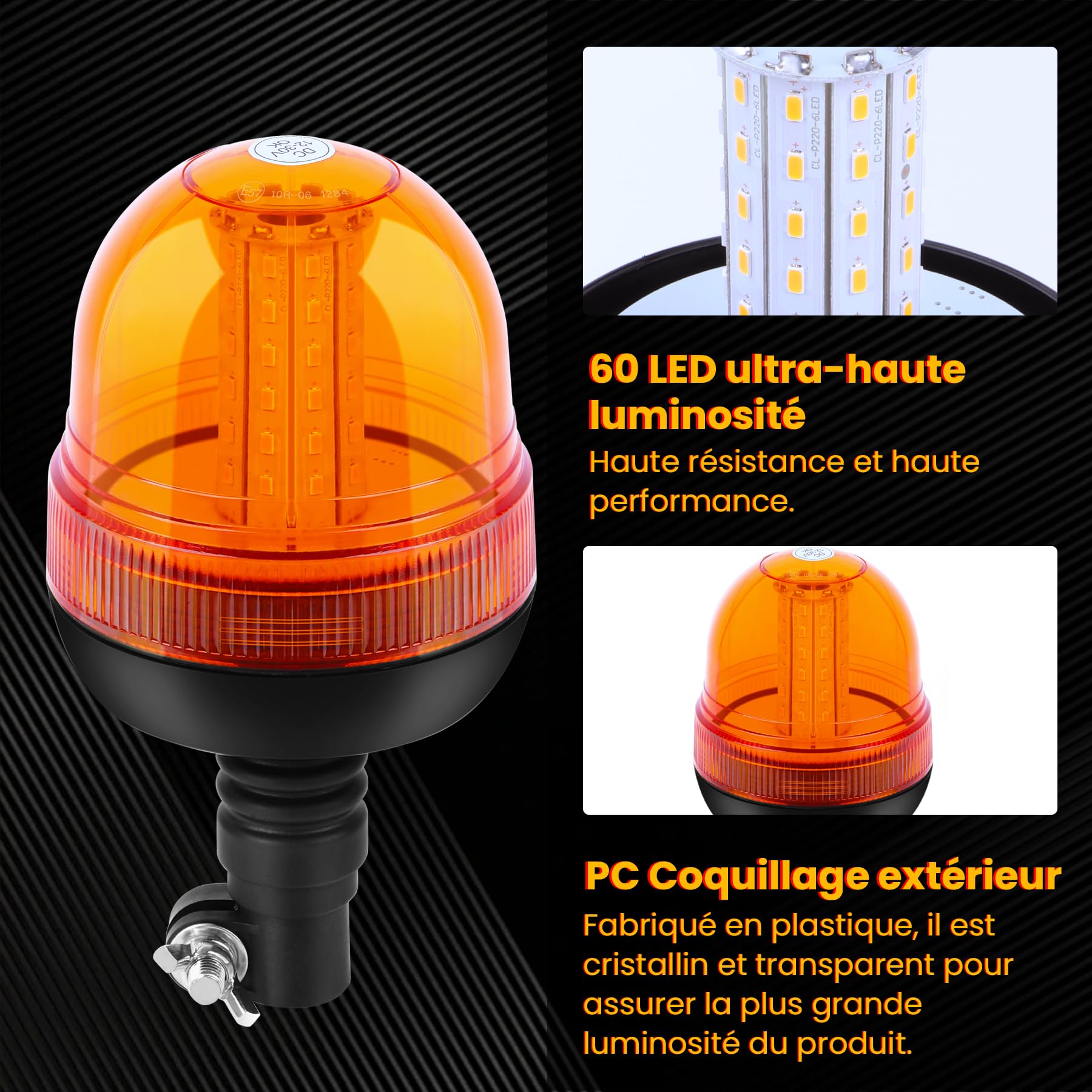 2pcs Gyrophare LED - 2x60LED Lumière Stroboscopique d'Avertissement d'urgence, Homologation E9 pour Camion Tracteur Caravane (Orange)