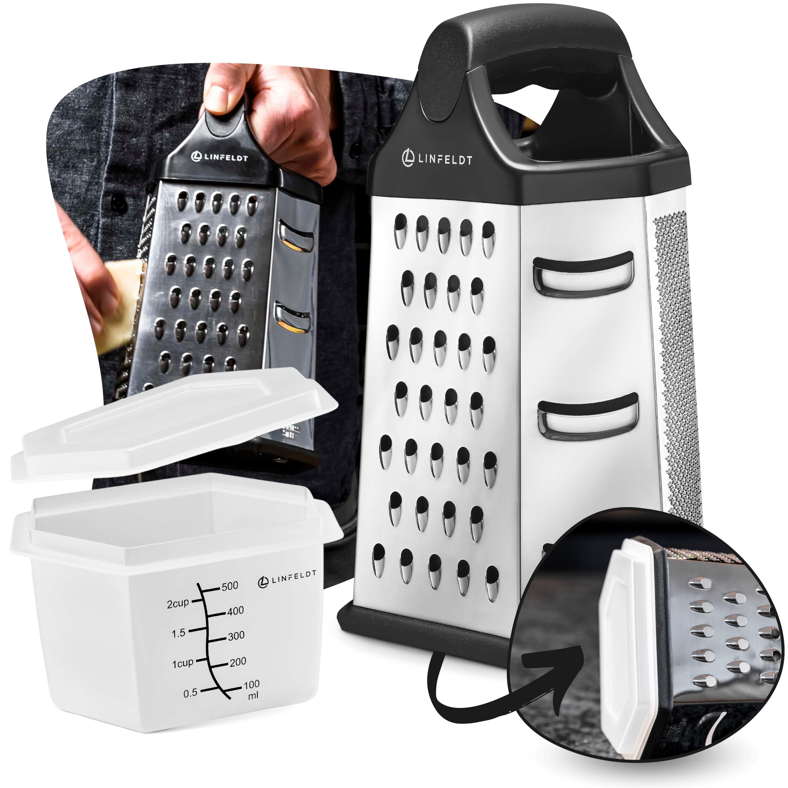LINFELDT Hexagonal Stainless Steel Kitchen Grater with Container - Rustproof Dishwasher Safe 23 x 14 cm Multi Grater