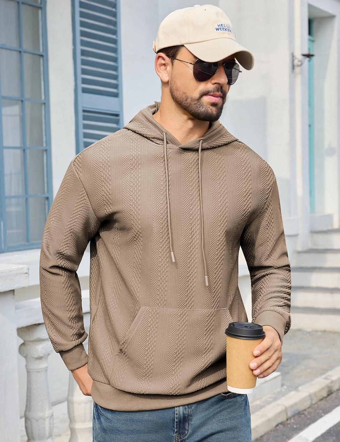 URRU Mens Hoodies Sweatshirts Texture Long Sleeve Drawstring Casual Pullover Hooded Shirt - Image 2