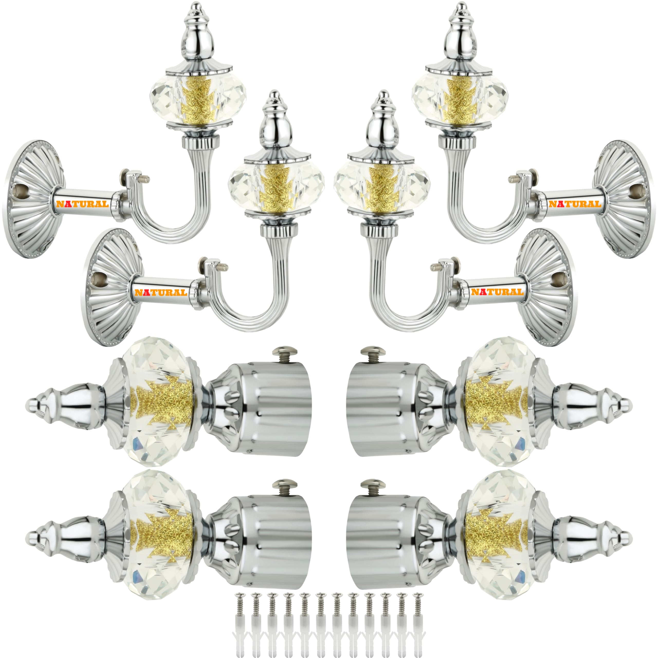 NATURAL Heavy Duty Aluminum Royal Luxury Design Curtain Bracket/Finial and Curtain Support with Screw/Wallplug for Window & Door Curtain Fittings Suitable Upto 1 Inch Pipe. (4 Set, Chrome)