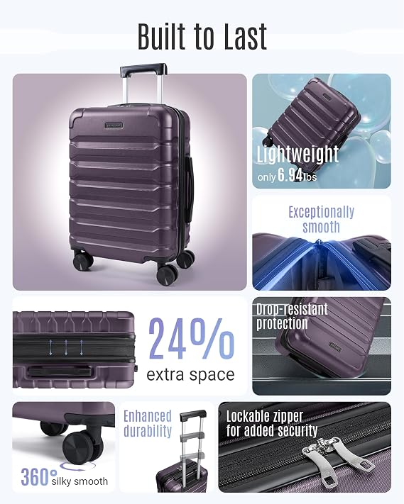 LIGHT FLIGHT Carry On Luggage 22x14x9 Suitcases with Wheels,Lilac Purple | 20 Expandable Carry On Luggage Airline Approved, Lightweight Durable Hard Shell Rolling Suit Case for Men Women Travel
