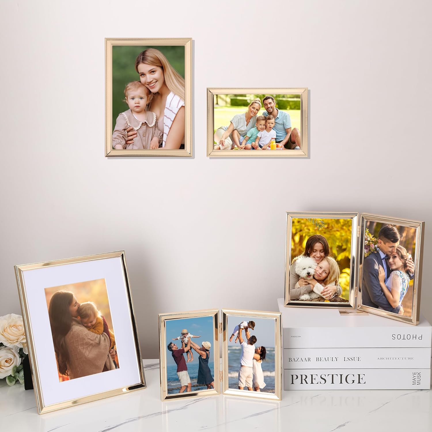 YiPinYin Elegant Gold Plated 5x7'' Double Picture Frame,Metal Beaded Frame with Real Glass & Velvet Backing,Hi End Classy Gold Double Frame 5x7'' for Desktop Or Shelf Display