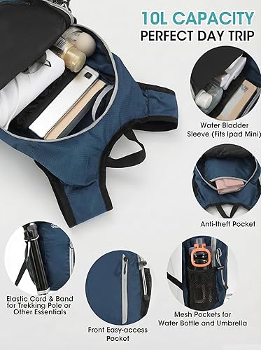 Miniatura 4 de Mochila de senderismo pequeña plegable con 3 bolsillos para correa, mochila ligera 300D a prueba de derrames para hombres y mujeres, mochila de gris