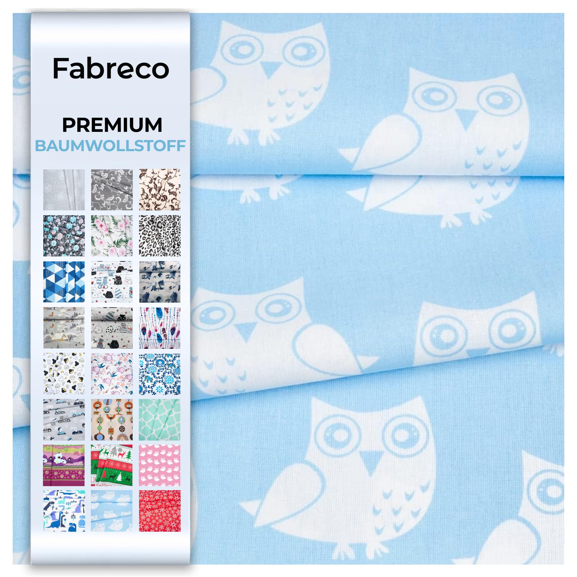 Fabreco Baumwollstoff Meterware 50x160cm - Eule blau | 220 g