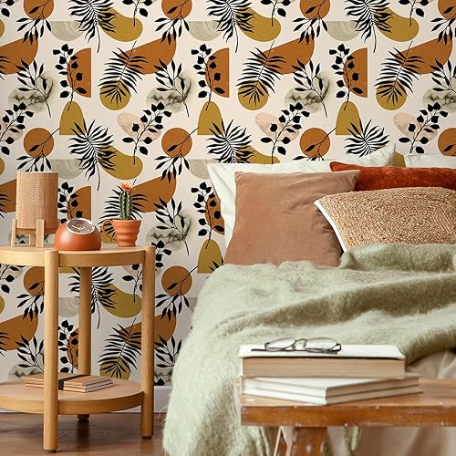 Miniatura 2 de VEELIKE Papel tapiz geométrico bohemio para despegar y pegar, papel tapiz abstracto de hojas para paredes, estantes, armarios, 17.7 x 118 pulgadas,