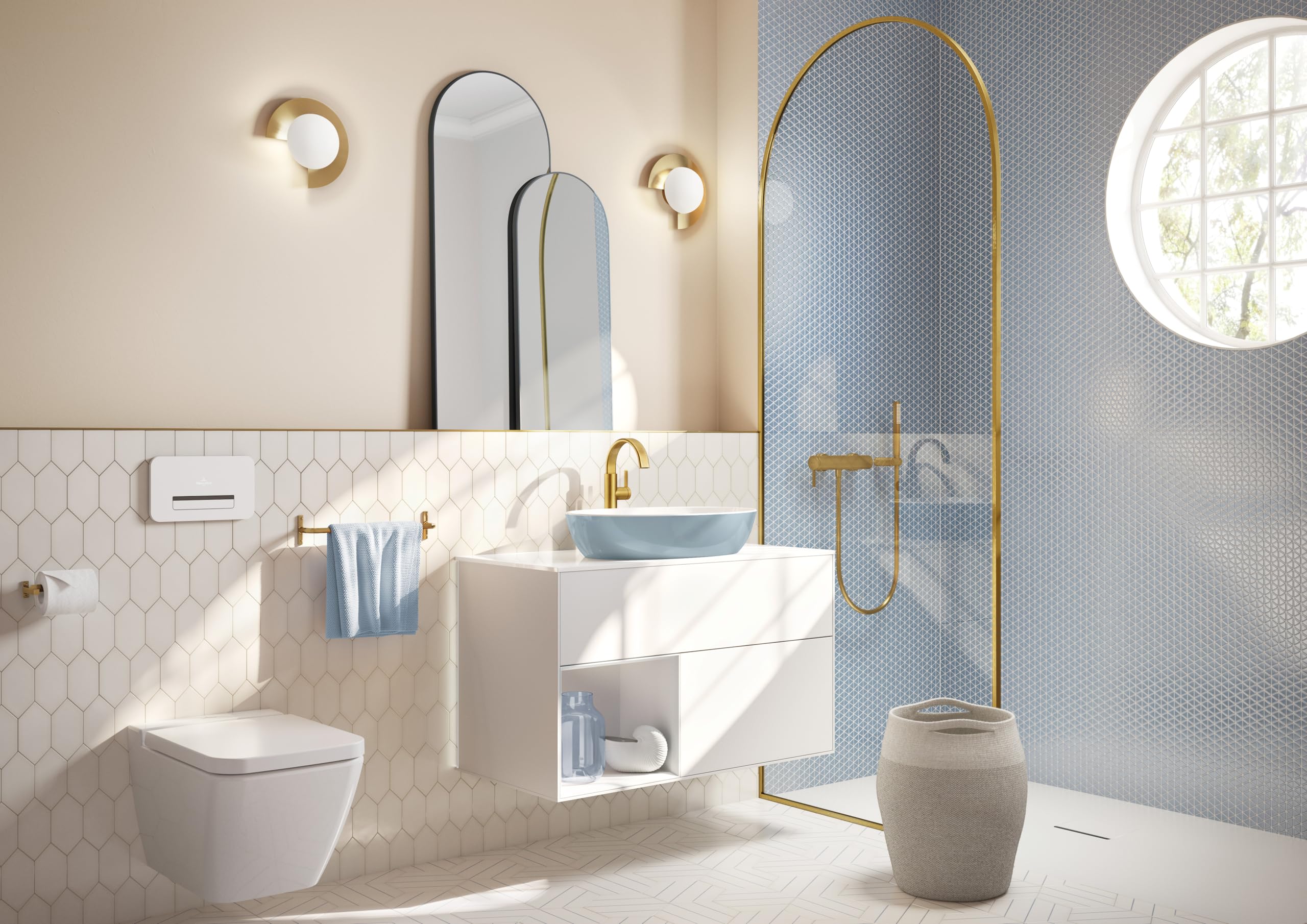 Villeroy & Boch, soporte universal para ducha de mano para montaje en pared, soporte de latón resistente para cabezal de ducha, compatible con muchas duchas de mano, redondo – dorado, cepillado.