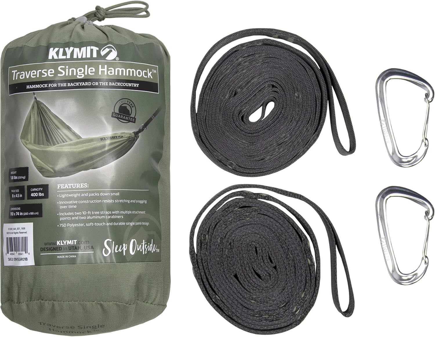 Klymit Double Wide Camping Hammock 400 lb. Capacity with Heavy Duty Straps and Caribiners - Navigator Series - Green