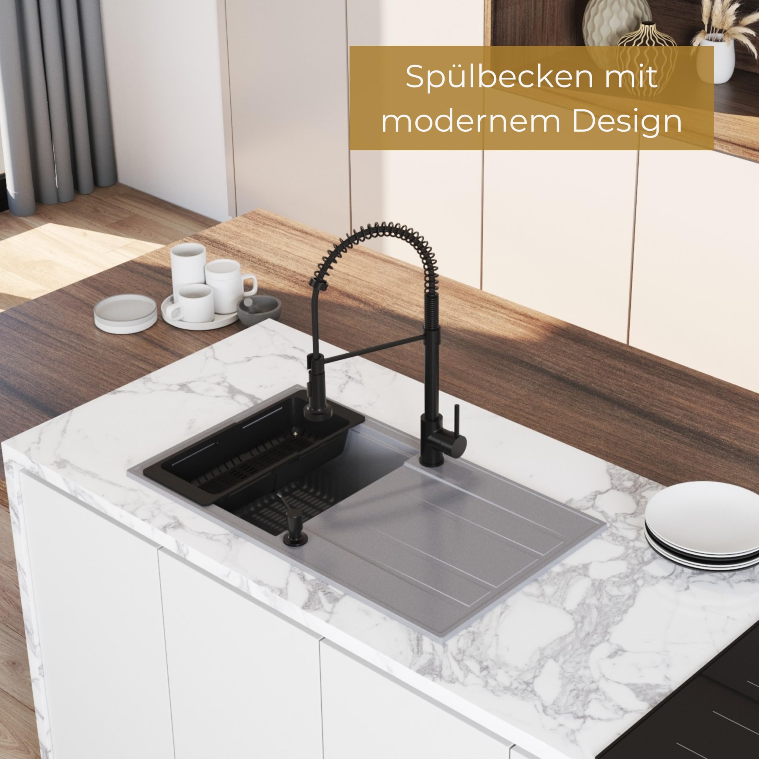 SINK Quality zlewozmywak kuchenny z ociekaczem – zlewozmywak beżowy 80 x 46 cm – w zestawie syfon i środki impregnujące – zlewozmywak do zabudowy do szafki pod umywalkę 55 – zlewozmywak granitowy