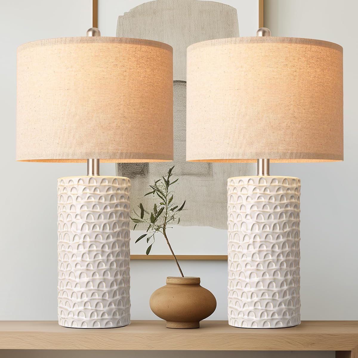 Juego de 2 lámparas de mesa de cerámica modernas de 23 pulgadas, lámparas de mesa para sala de estar, lámparas de noche rústicas de granja, lámpara de mesita de noche para dormitorio, lámpara de escritorio blanca para mesa auxiliar, decoración del hogar, color beige