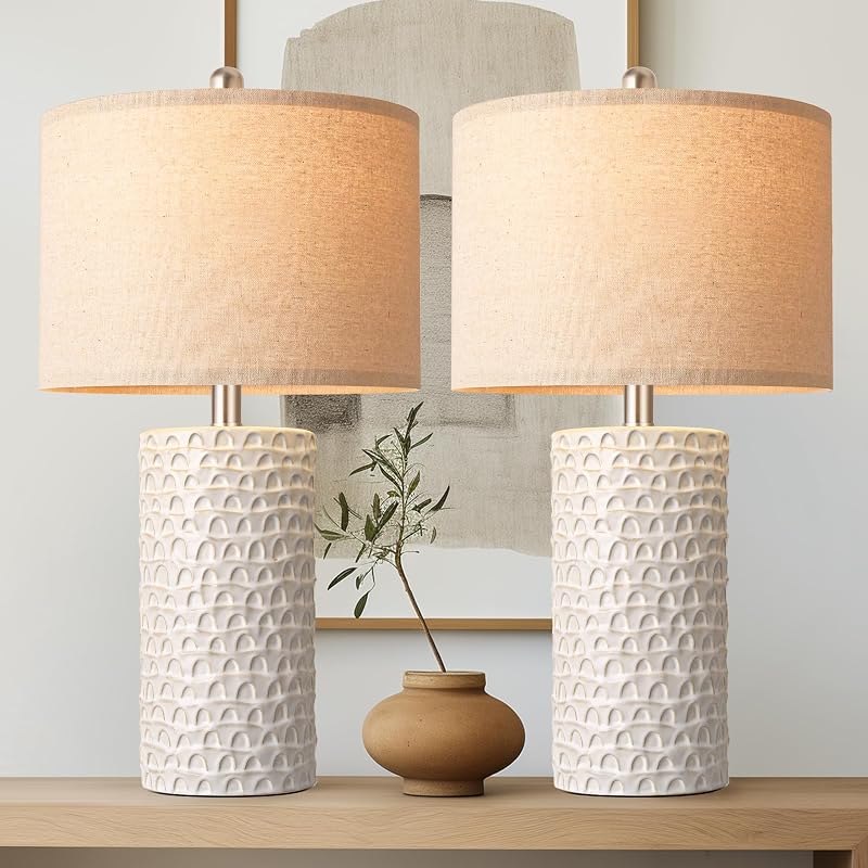 Juego de 2 lámparas de mesa de cerámica modernas de 23 pulgadas, lámparas de mesa para sala de estar, lámparas de noche rústicas de granja, lámpara de mesita de noche para dormitorio, lámpara de escritorio blanca para mesa auxiliar, decoración del hogar, color beige