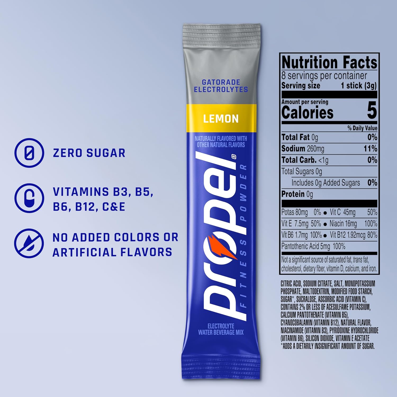 Propel Electrolyte Powder Drink Mix, Lemon, (96 Servings), Zero Sugar, Enhanced Water Beverage, Gatorade Electrolytes, Vitamins, No Added Colors, No Artificial Flavors, Hydration