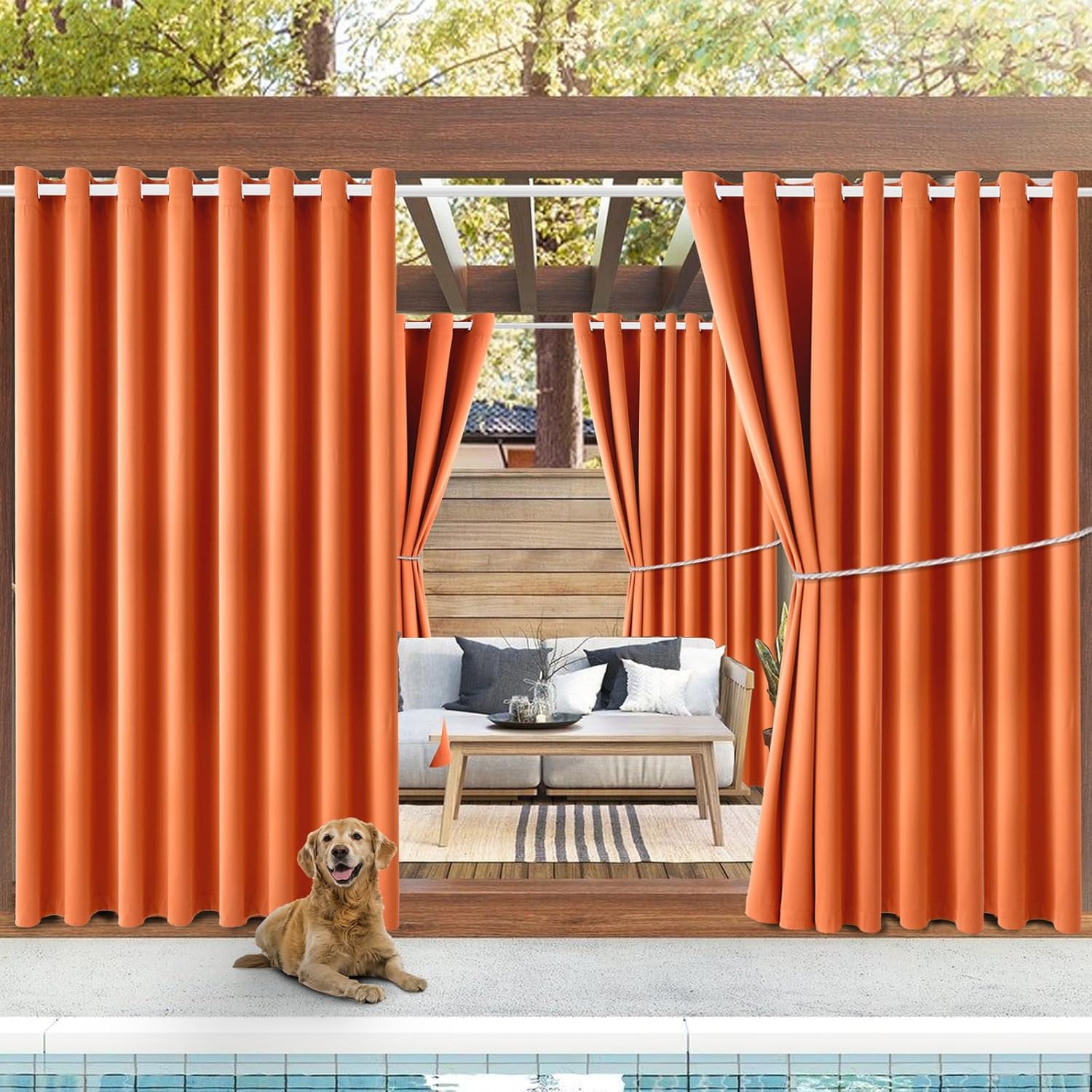waterproof outdoor curtain w105 x l108 - grommet top sunlight blocking window treatment drapes blackout curtains for home bedroom living room outdoor patio porch pergola, orange, 2 panels orange 105"w x 108"l (pack of 2)