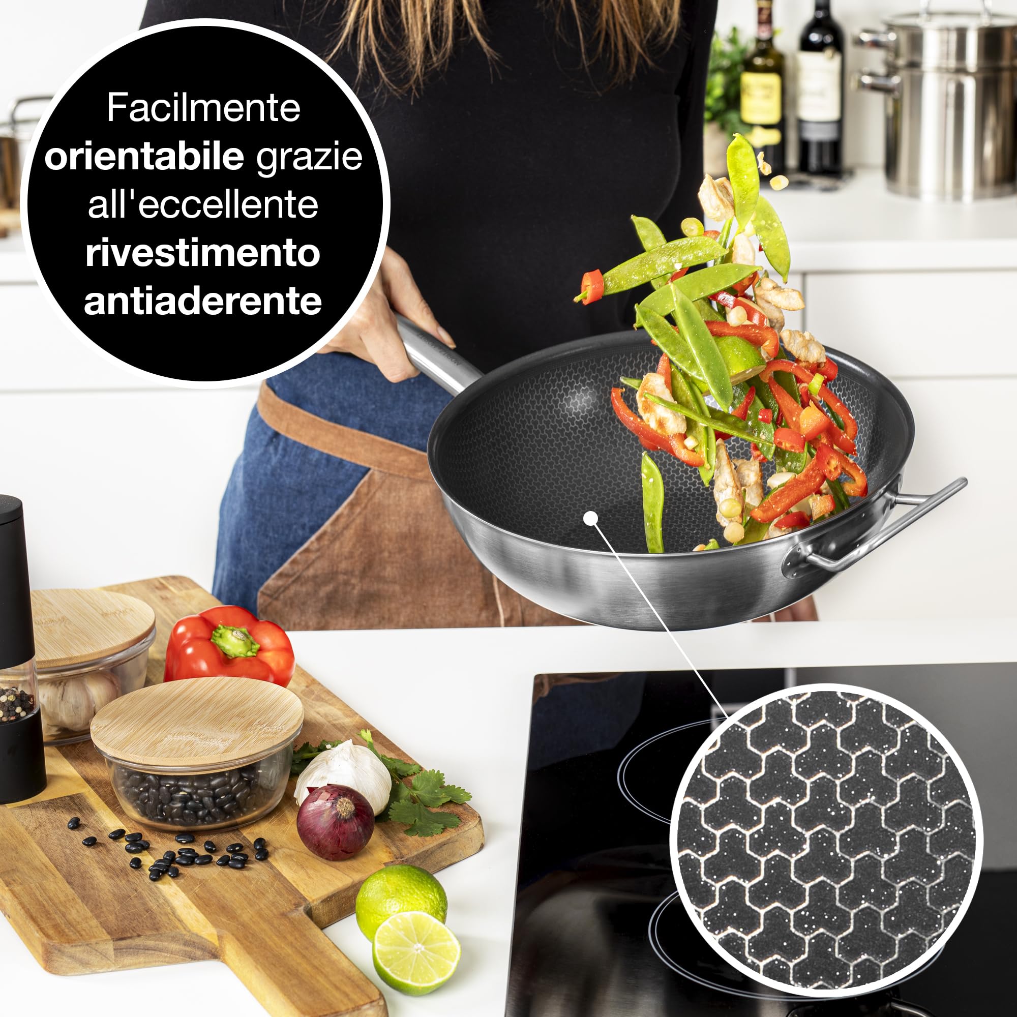 Moritz & Moritz Padella Wok da 30 cm in Acciaio inox con rivestimento in Ceramica - Tutti i tipi di fornelli - Struttura antiaderente a nido d'ape per cucinare, arrostire e cuocere a fuoco lento