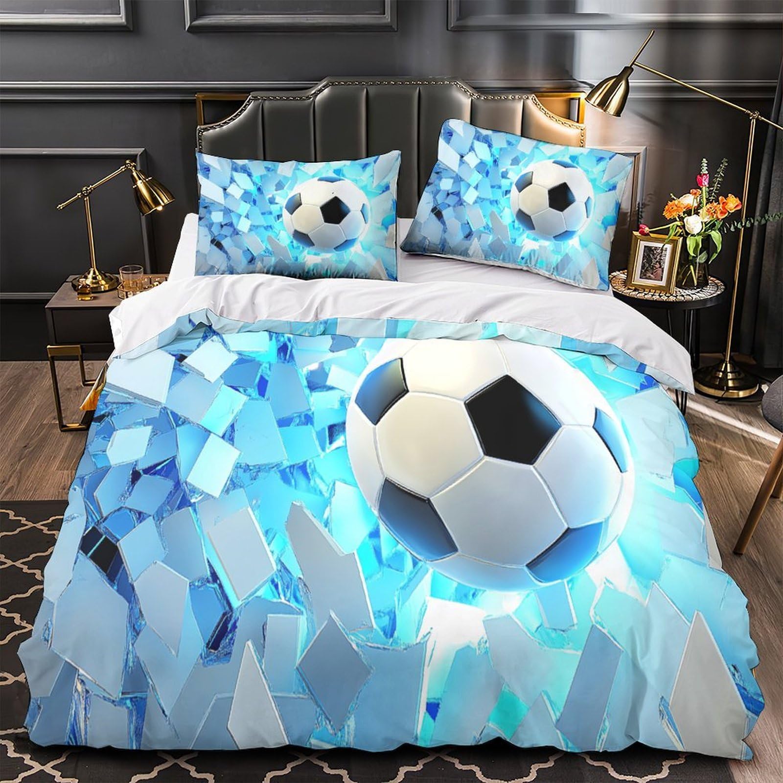 MMDASBVPE Soccer Ball Impact Duvet Cover 3D Print Wrinkle-Resistant 3-Piece Bed Set Hidden Zipper Comforter Cover Premium Durable for Teens Adults Kids Women Girls Boys Youth Single（140x200cm）
