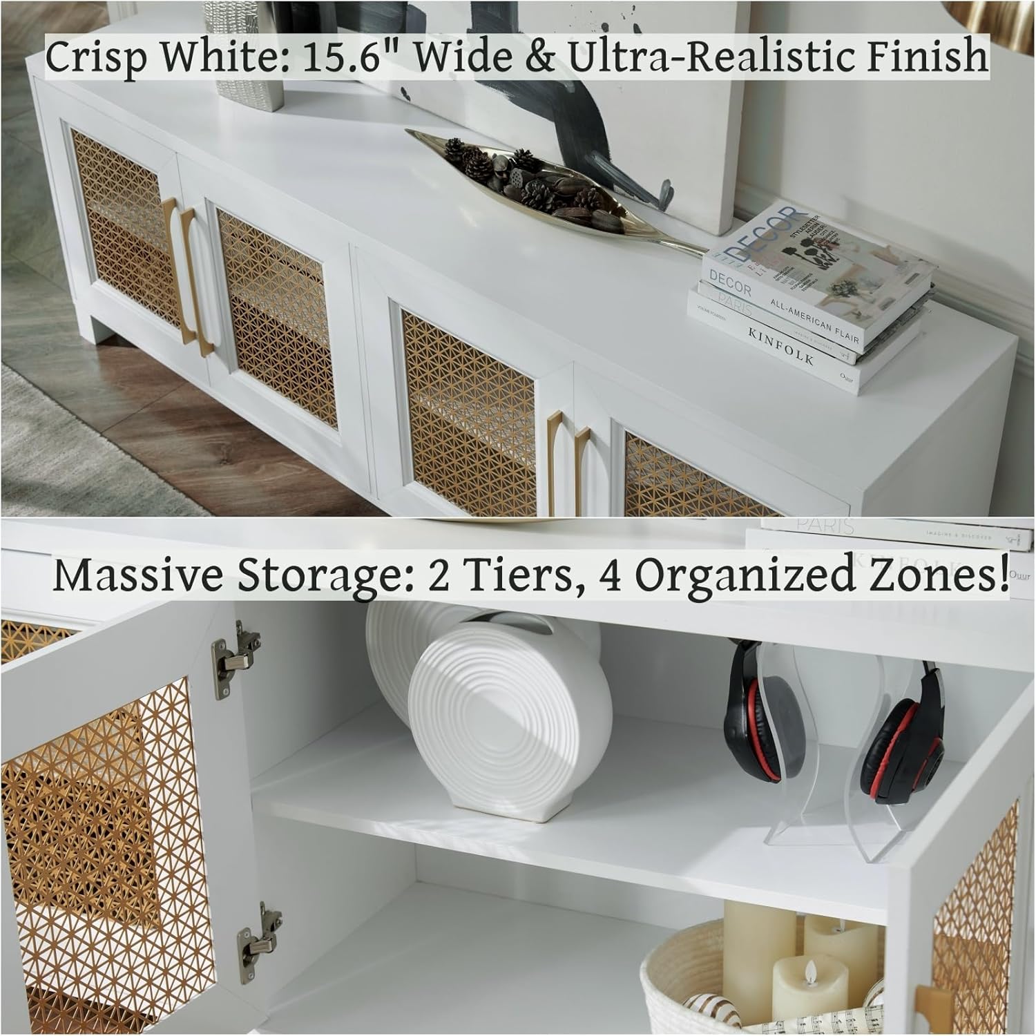 Mid Century Modern TV Stand for TVs up to 75", 69.5" White Entertainment Center with 4 Gold Metal Mesh Doors - Wood Grain MDF TV Console, Media Storage