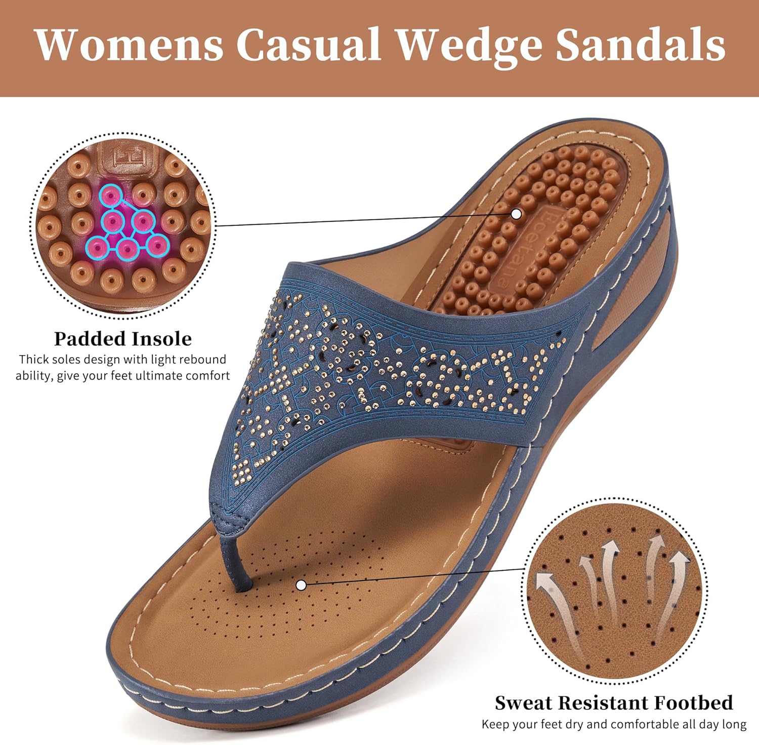Ecetana Womens Dressy Wedge Sandals: Comfortable Summer Flip Flops Massaging Footbed Platform Thong Sandals for Casual Walking