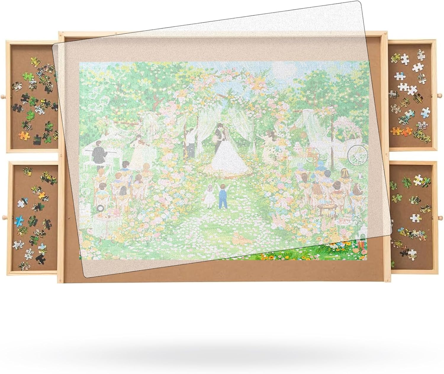 500 Piece Puzzle Board with Drawers, Small Puzzle Board 14" x 28" Jigsaw Puzzle Table with Cover Mat, 4 Drawers, Small Puzzle Table, Birthday Gifts 500pcs