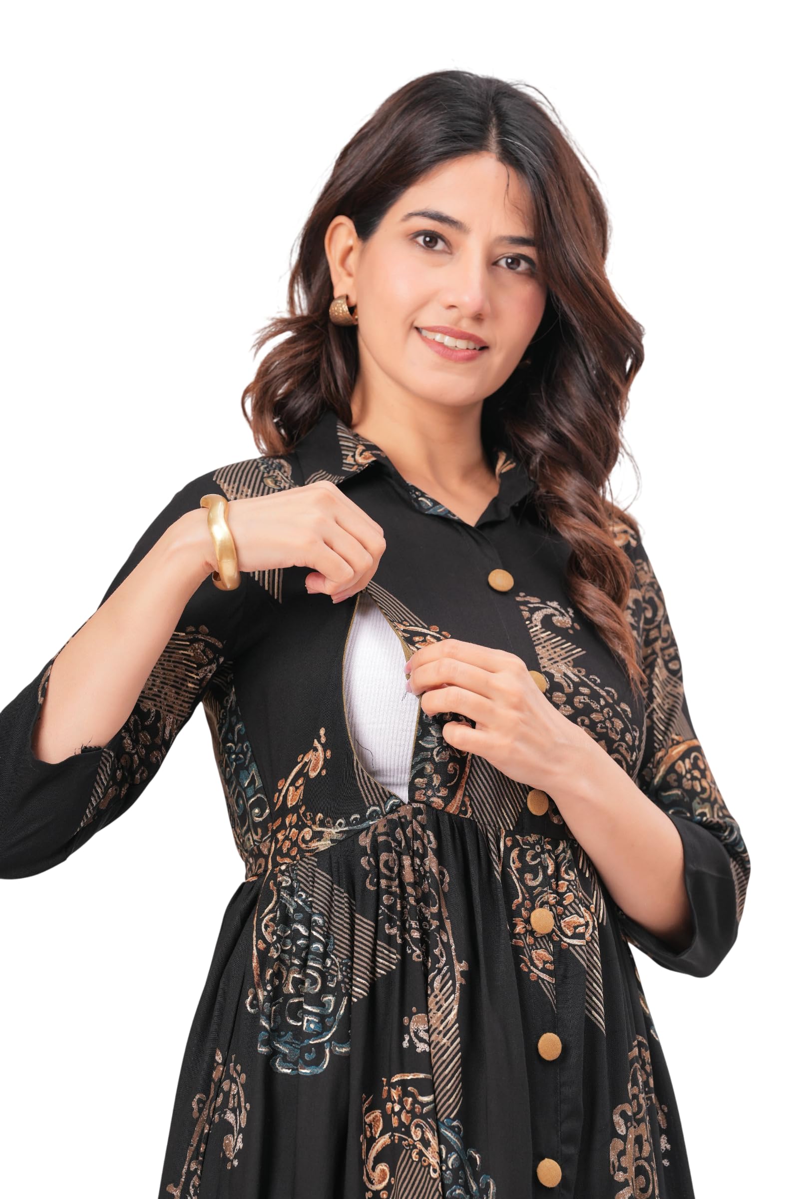 Women’s Rayon Printed Feeding Gown with Concealed Zipper Maternity (BLACK-2XL)-image-30