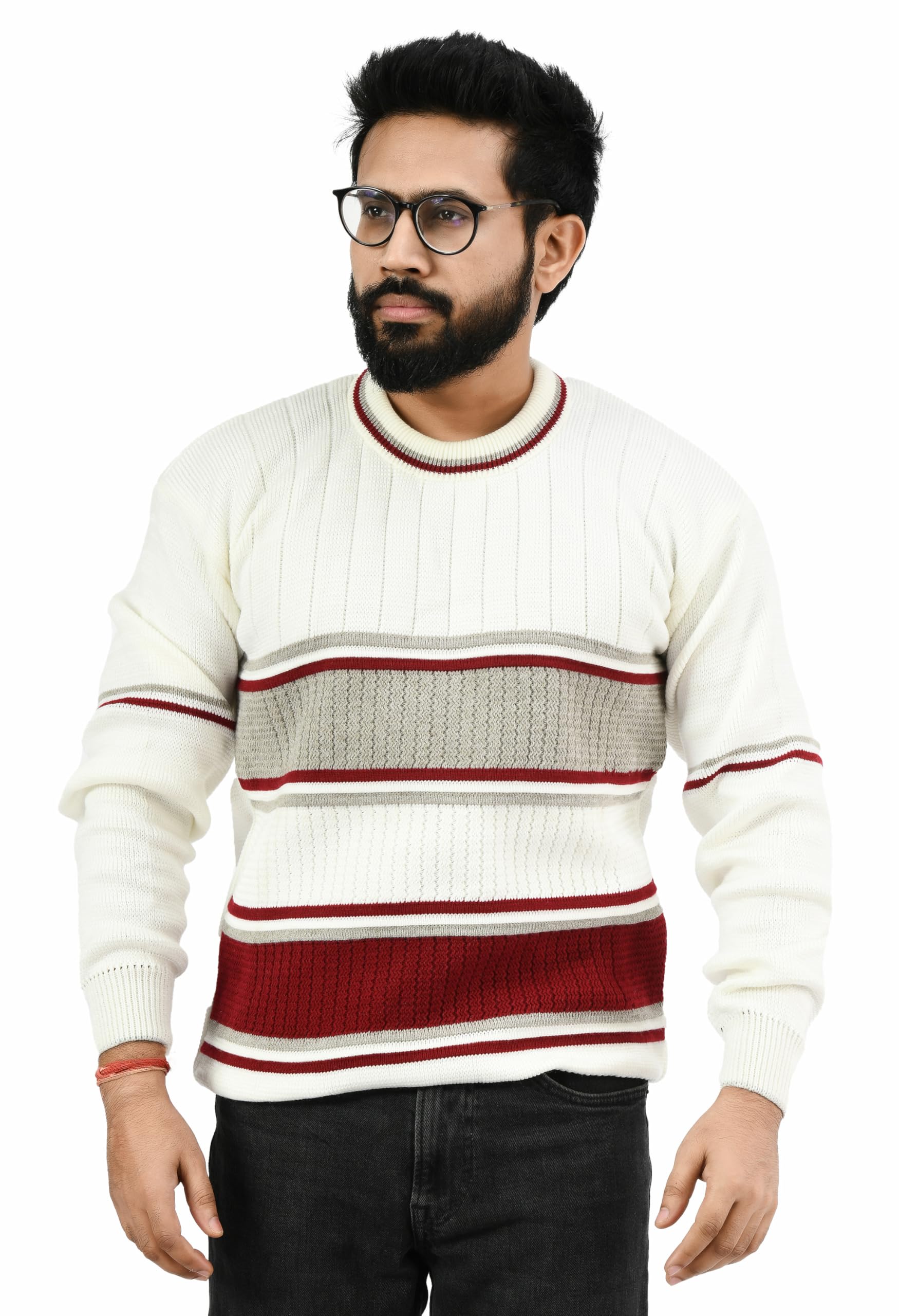 Men Round Neck Wide Stripe Full Sleeve Woolen Winter Pullover Sweater_ Royal Maroon (Men Round Neck Sweater/Size 38-40)