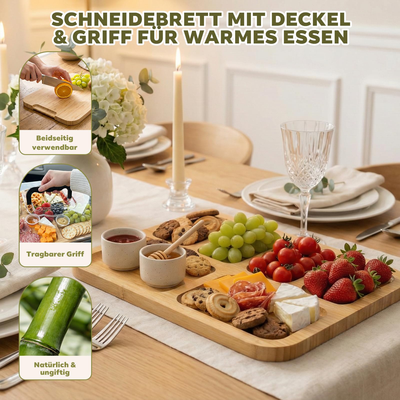 Bambus Käseplatte Charcuterie Board mit Deckel – Tragbares Käsebrett mit 6 Fächern, Holzbrett mit Käseglocke aus PET, Servierplatte für Käse, Wurst & Snacks – Ideal für Picknick, Reise & Brunch
