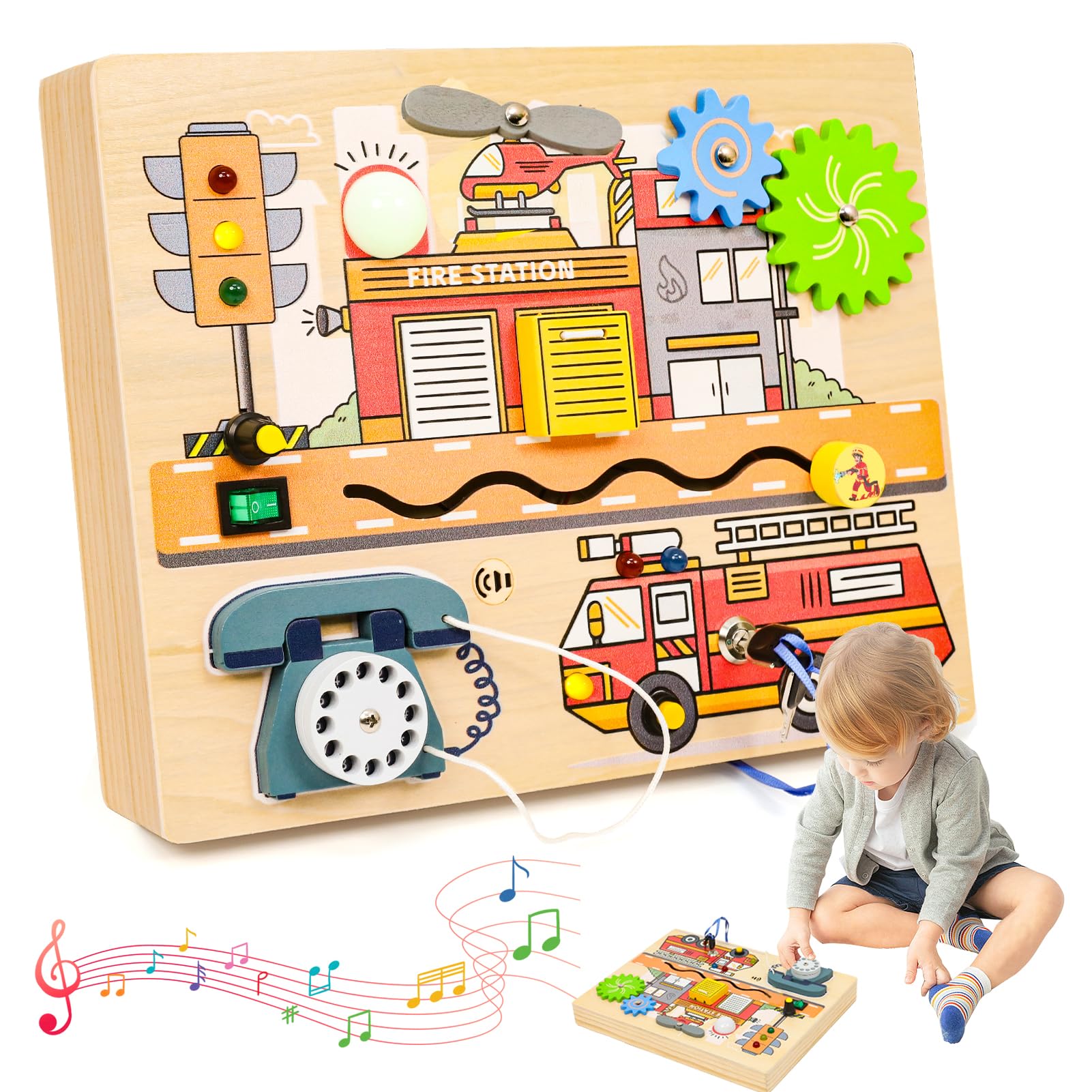 LZDMY Toddlers Montessori Busy Board for 2 3 4 Year Olds, Wooden Sensory busy Board with LED Lights, Sounds & Switches, Toddlers Educational Activity Board Travel Toys, Birthday Gifts for Boys Girls