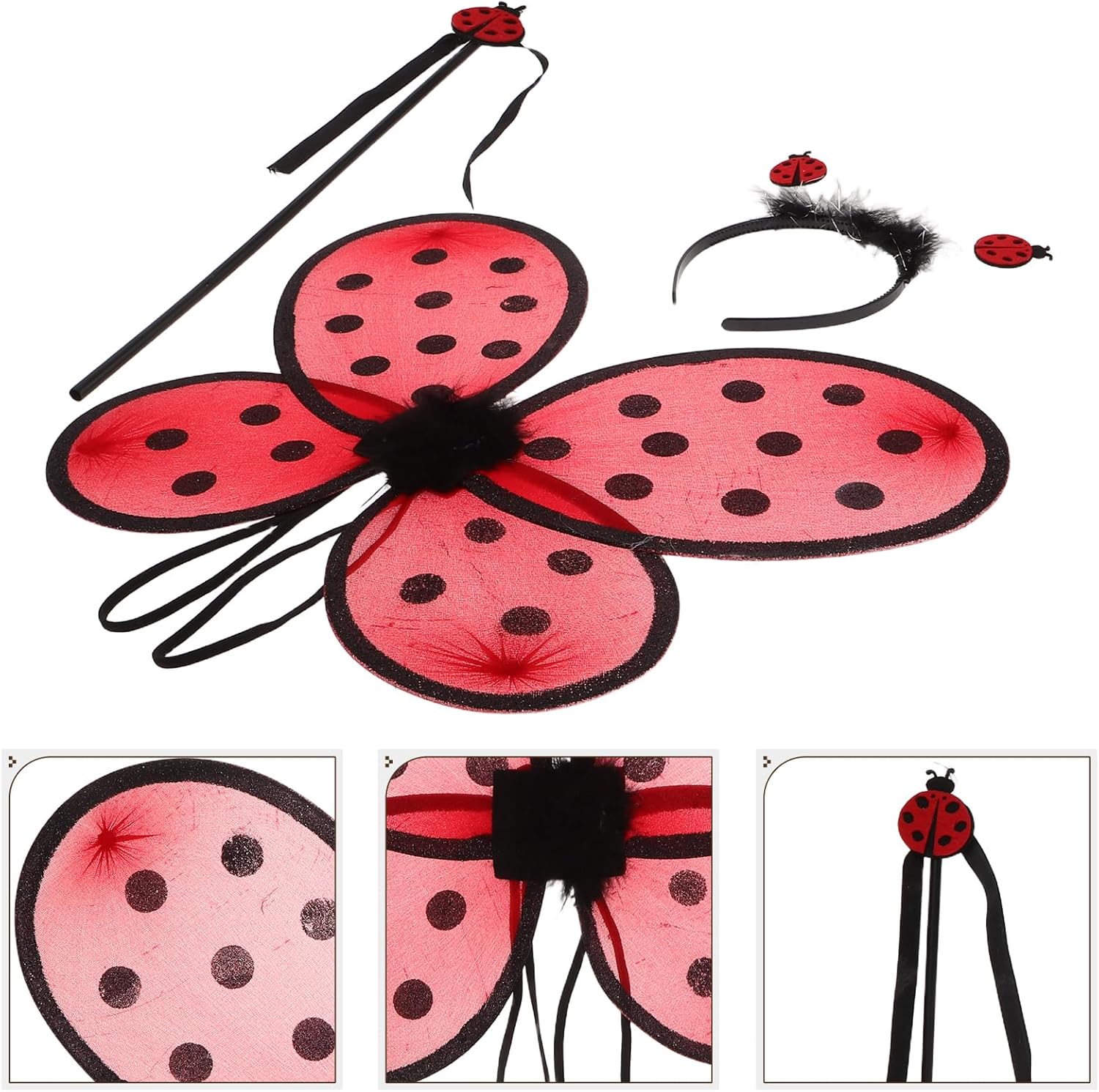 LOGOFUN 4Sets Ladybug Wings Costume Accessories with Antenna Headband and Wand for Fairy Dress Up Role Play Cosplay Party Supplies - Red
