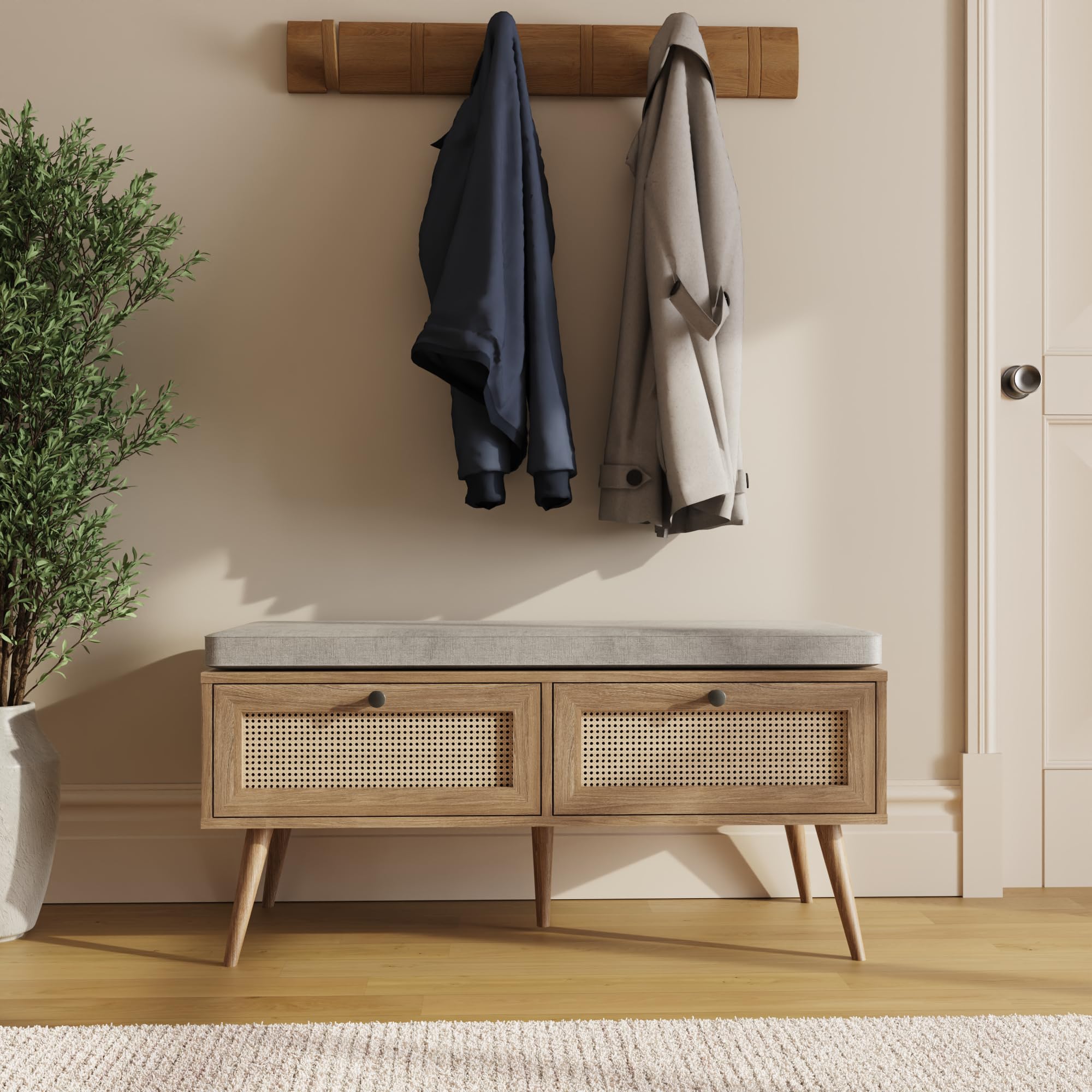 GFW Noor 2 Drawer Shoe Cabinet with Cushion Seat, Oak Effect Hallway Shoe Storage Bench with Rattan Fronts