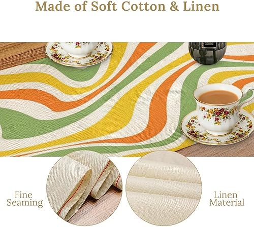 Miniatura 175 de Camino de mesa ondulado de los años 70, retro, hippie abstracto, vintage, verde, rosa, con estampado de ondas para el hogar, cocina, comedor, patio,