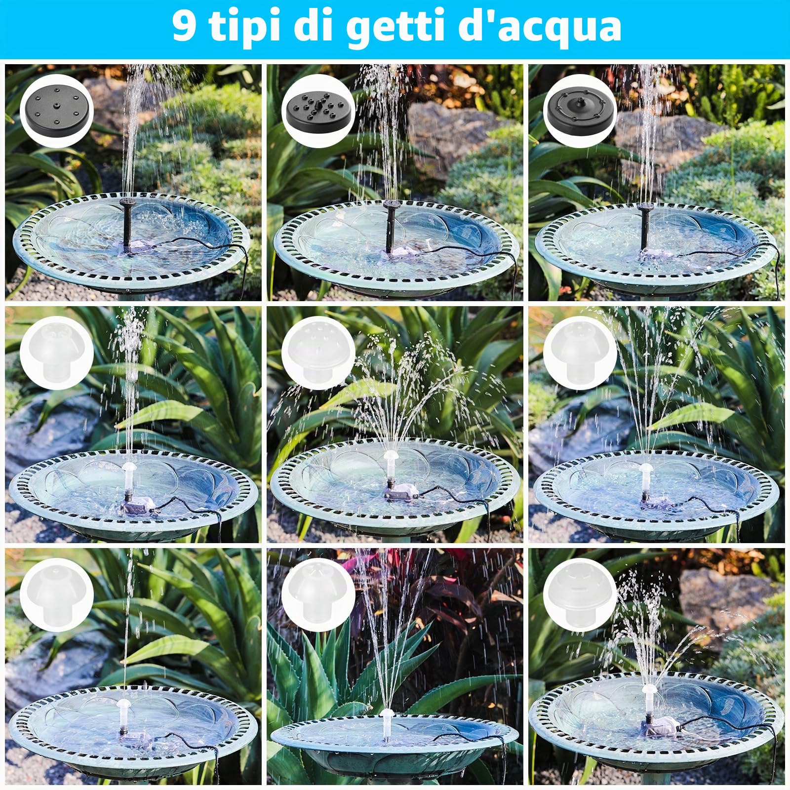 Pompa Solare da 10-12 W, 190 l/h, Fontana Solare da Giardino, Pompa Acqua Solare da Esterno, Tubo da 1 M, Lunghezza del cavo 3,25M, 9 Ugelli, per Laghetto, Bagno Degli Uccelli,Vasca per Pesci,Giardino