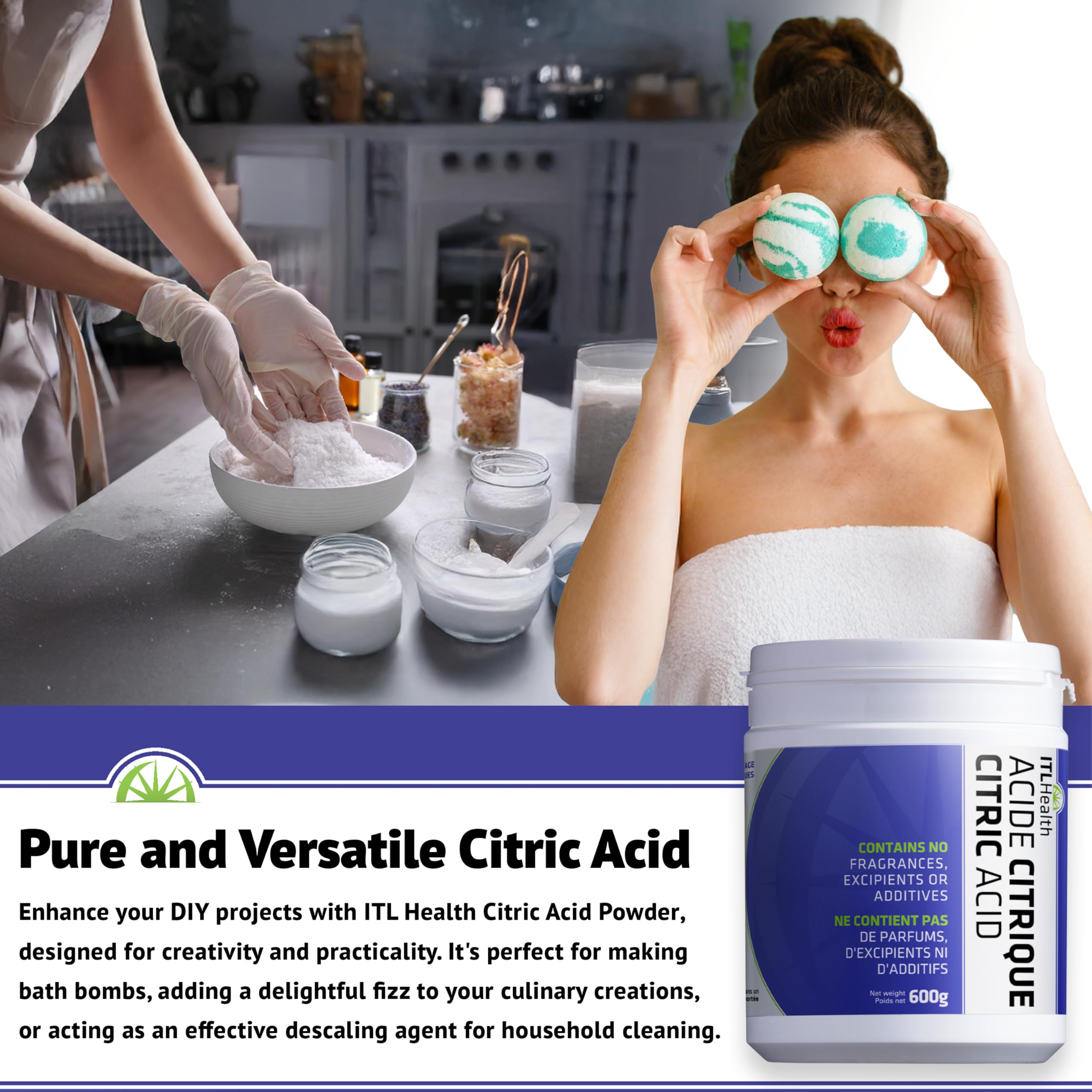 ITL Health Citric Acid Powder 600g - Pure, Food-Grade Quality for DIY Bath Bombs, Descaling & Household Cleaning, Non-GMO, Cleaner, Natural Ingredient for Cooking & a Variety of Home Uses - 2