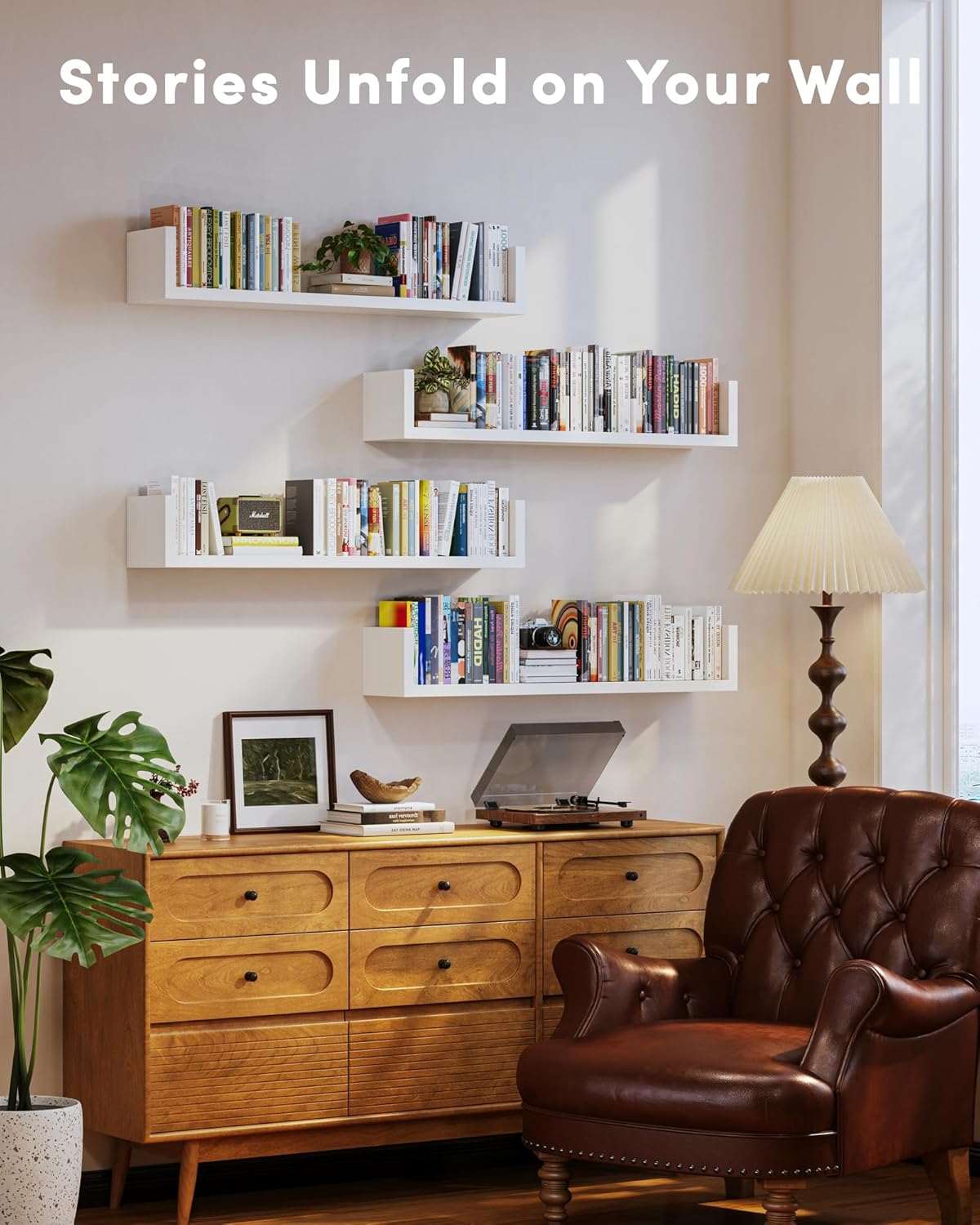 Wall Bookshelf, Set of 4, U Shaped Floating Bookshelf, Hanging Bookshelves for Wall, Wall Mounted Shelves for Living Room Bedroom Office (White, 23.6 Inches, 4)