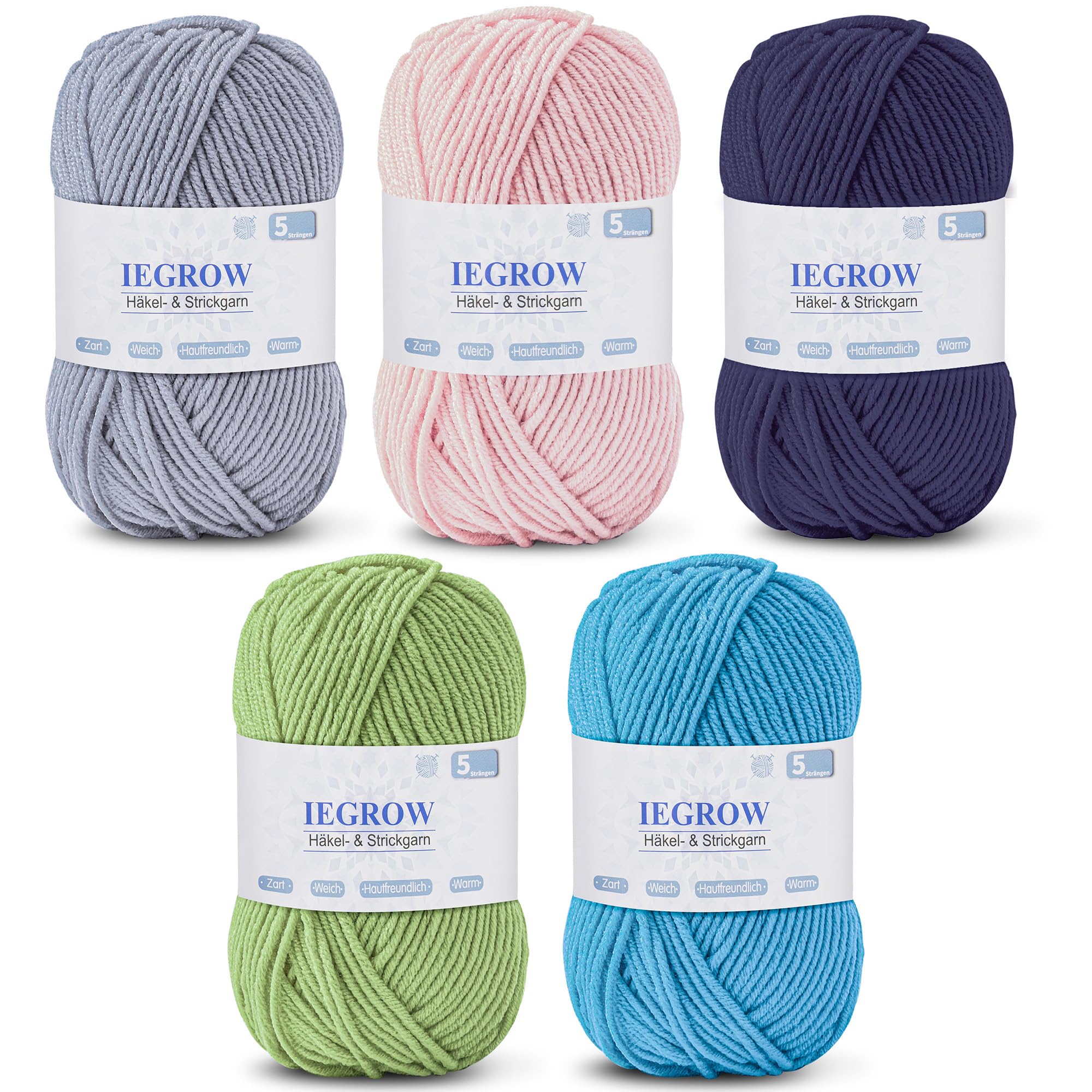 Häkelgarn (50g x 5 Farben), 5-fach Garn zum Stricken, Garn zum Häkeln und Stricken, Handstrickgarn-Sets