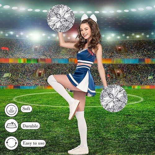 Miniatura 64 de Hanaive 3 pompones de animadora y lazo grande para animadora para el pelo, suministros metálicos para animadora de espíritu de equipo, deportes