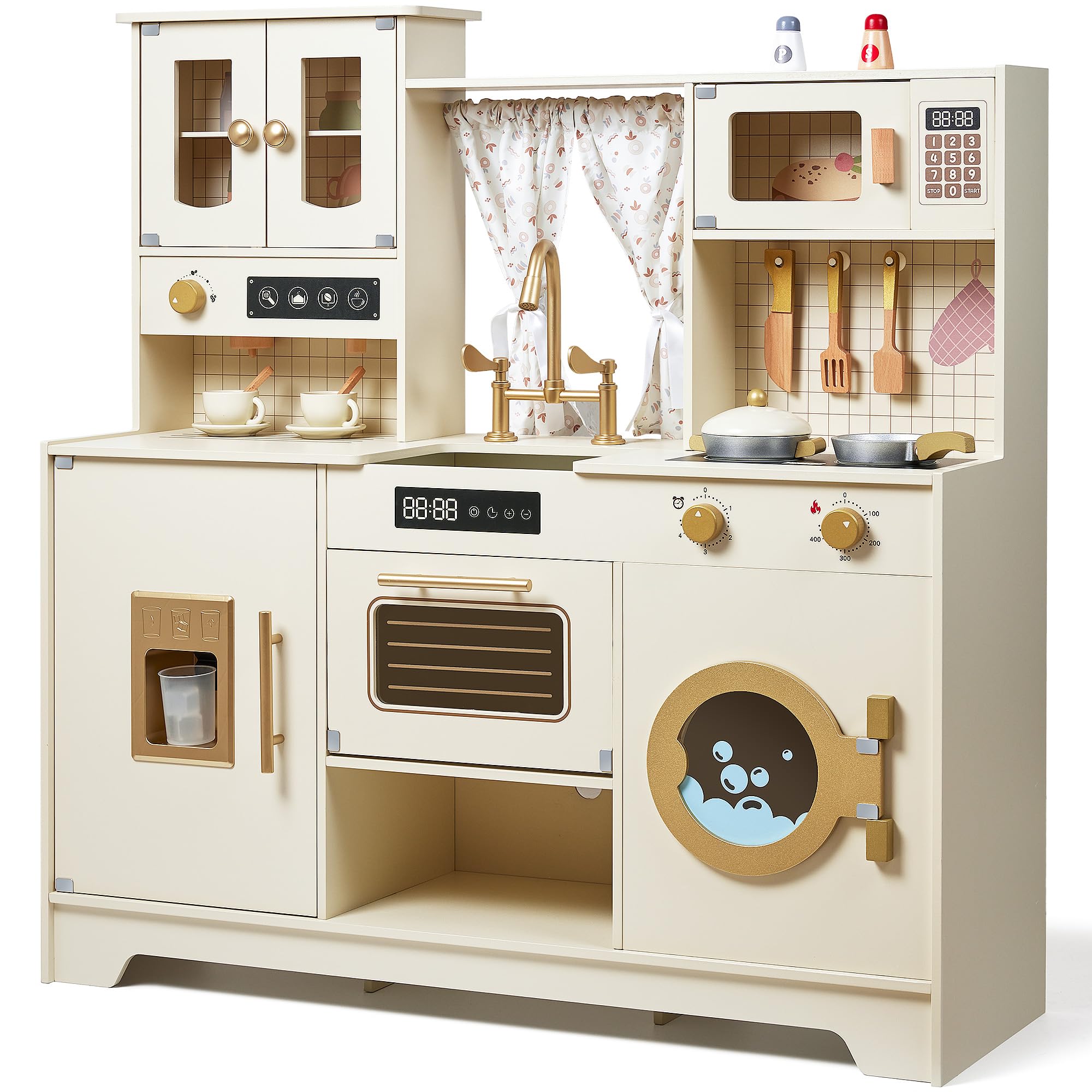 medoga Set di giocattoli da cucina in legno per bambini, giocattolo da cucina con 26 pezzi di cibo e utensili da cucina, regalo per bambina e bambino di 3 anni