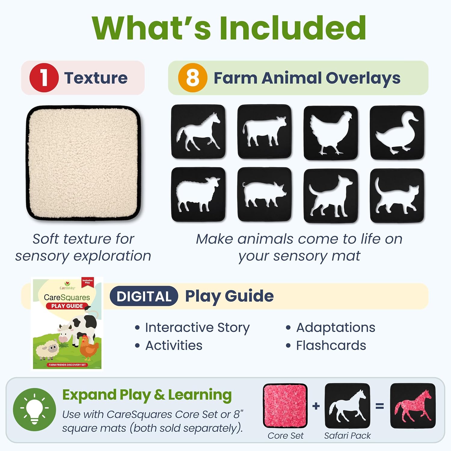 CareSquares 9pc Sensory Mats Expansion Pack - Farm Animal Shape Overlays + Wooly Texture Mat & Farm Story Activity, Fits 8” Sensory Mats for Autism, Toddler Toys, Occupational Therapy & Sensory Walls