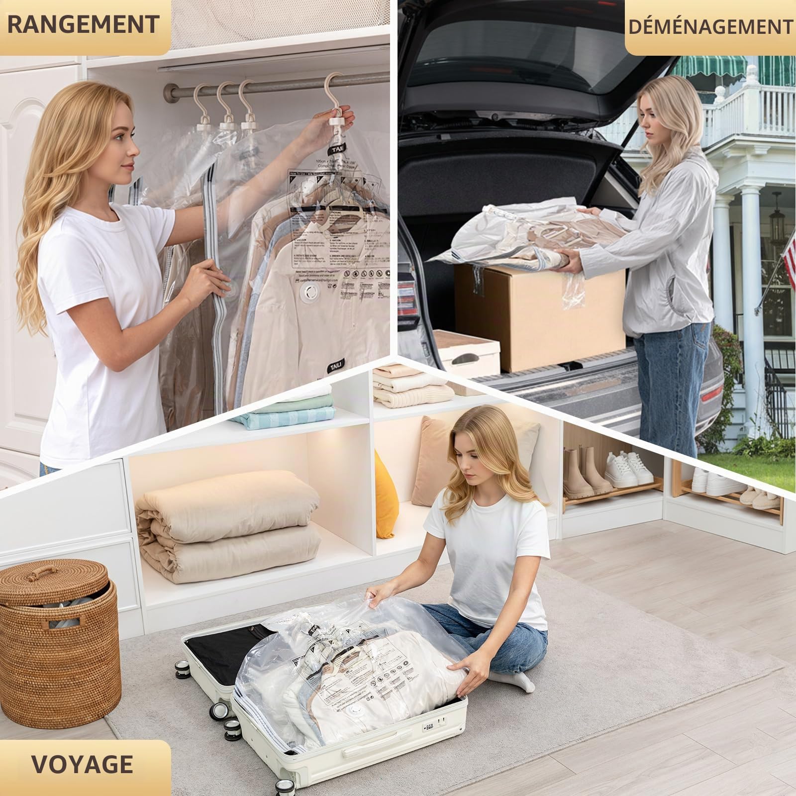 TAILI Sacs de Rangement sous Vide Suspendus pour vêtements, 6 paquets (105x70cm), Housse sous Vide pour costumes, manteaux, vestes, organisateur de placard Sacs à Suspendre