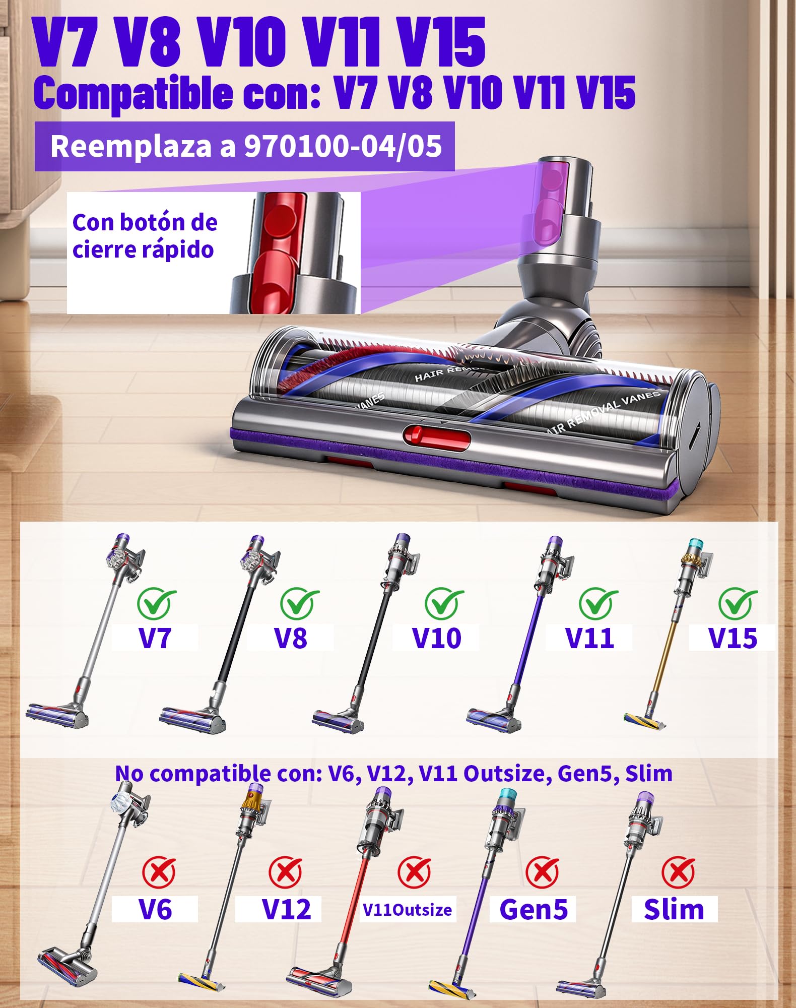Cepillo High Torque para Dyson V11 V10 V15 V8 V7 Cepillo Motorizado SV10 SV11 SV12 SV14 SV15 Cepillo de Cabezal para Dyson Repuestos, anti-enredos & succión ajustable, para parquet y alfombras
